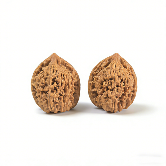 Pair of Walnut Hand Exercisers from ThePatinaProject, featuring Imperial "Mini-Guanmao" Official’s Hat design, 35mm collector’s edition