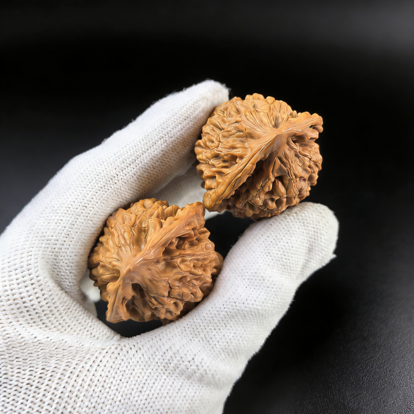 Pair of walnut hand exercisers with Imperial "Mini-Guanmao" official’s hat design, 35mm collector’s edition, by ThePatinaProject.