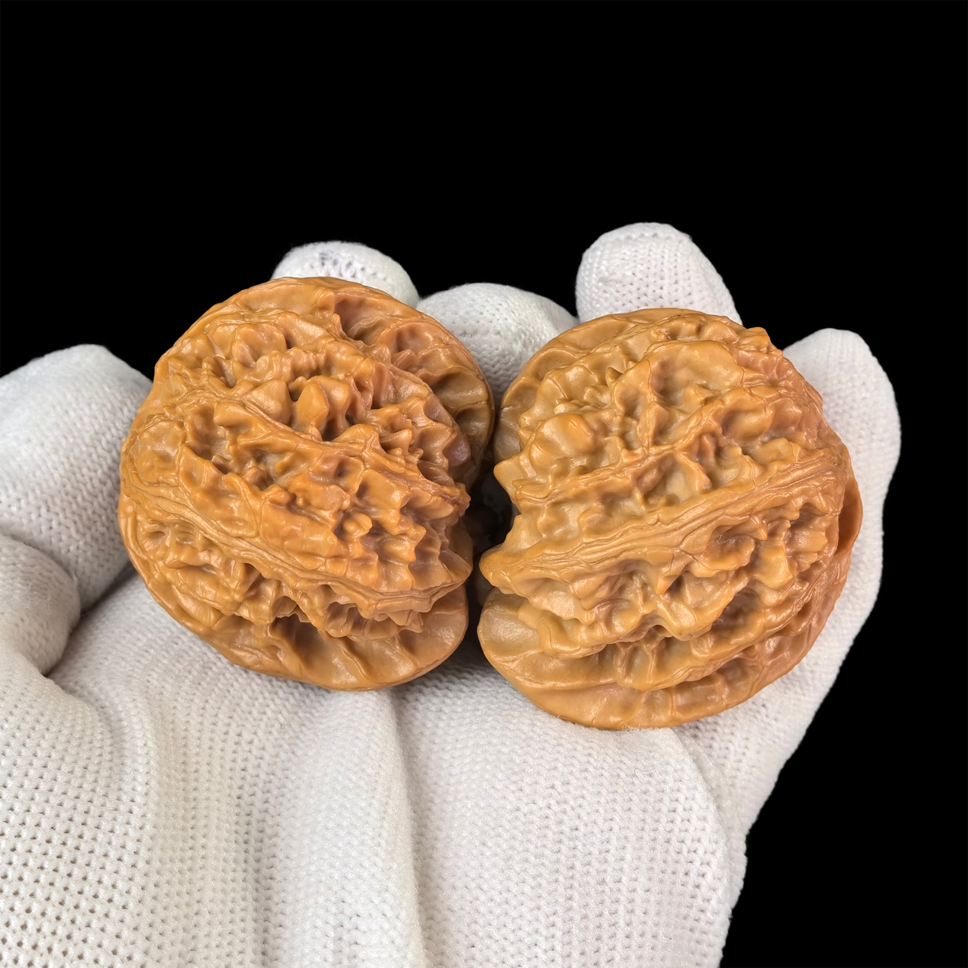 ThePatinaProject Walnut hand exerciser "Apple Round" (Ping Guo Yuan) pair, 43mm x 40mm, featuring smooth walnut wood finish.