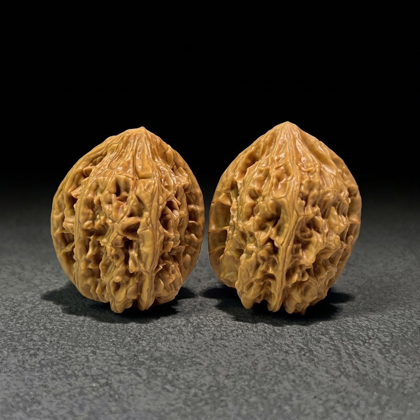 Walnut hand exerciser from ThePatinaProject, Beijing Chicken Heart pair, 38mm x 39mm, featuring intricate wood grain and craftsmanship.