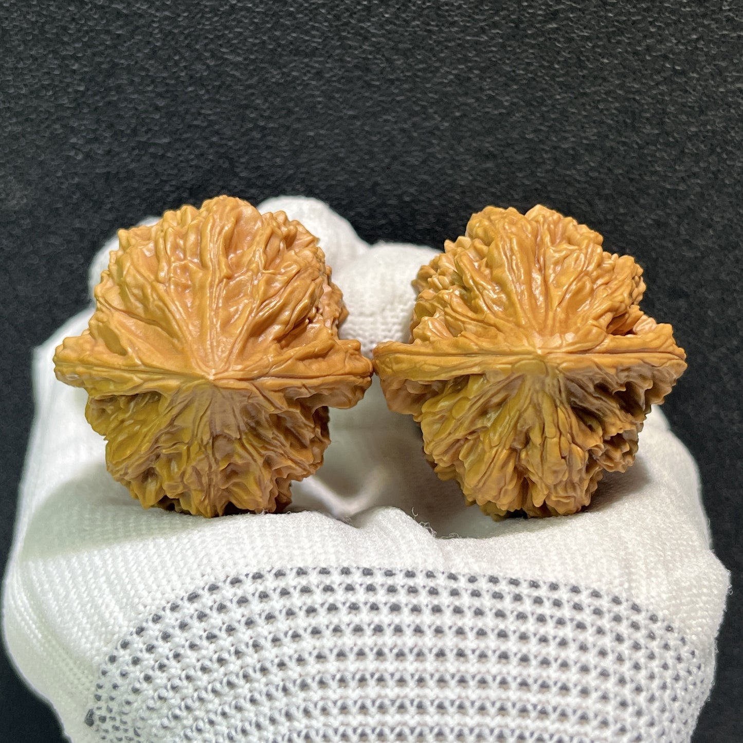 Walnut hand exercisers labeled Beijing Chicken Heart by ThePatinaProject, measuring 38mm x 39mm, JX-405 model.