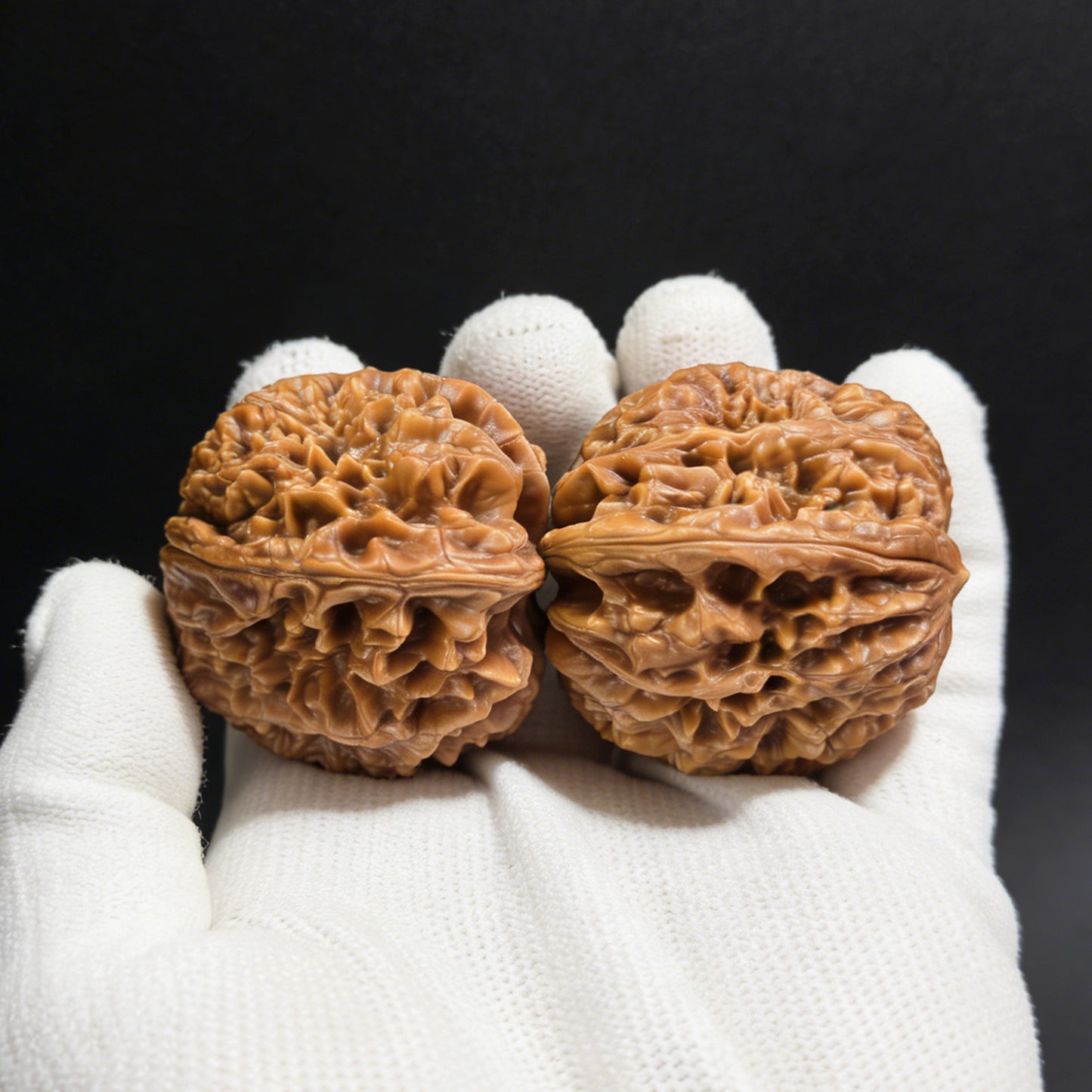 Walnut hand exerciser "Blizzard" (Bao Xue) pair by ThePatinaProject, 38mm x 41mm, featuring "Tian Can" mutation design.