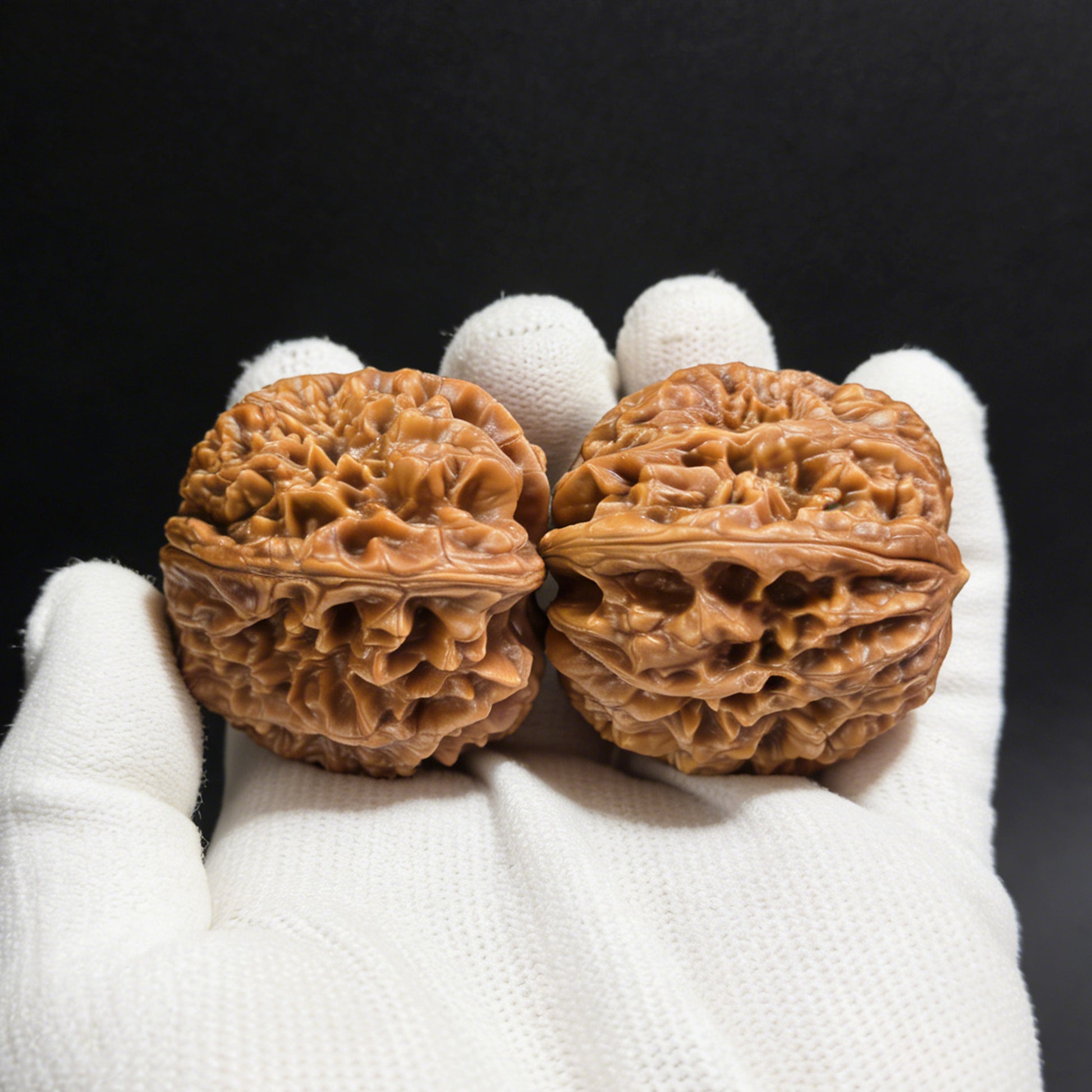 Walnut hand exerciser "Blizzard" (Bao Xue) pair by ThePatinaProject, 38mm x 41mm, featuring "Tian Can" mutation design.