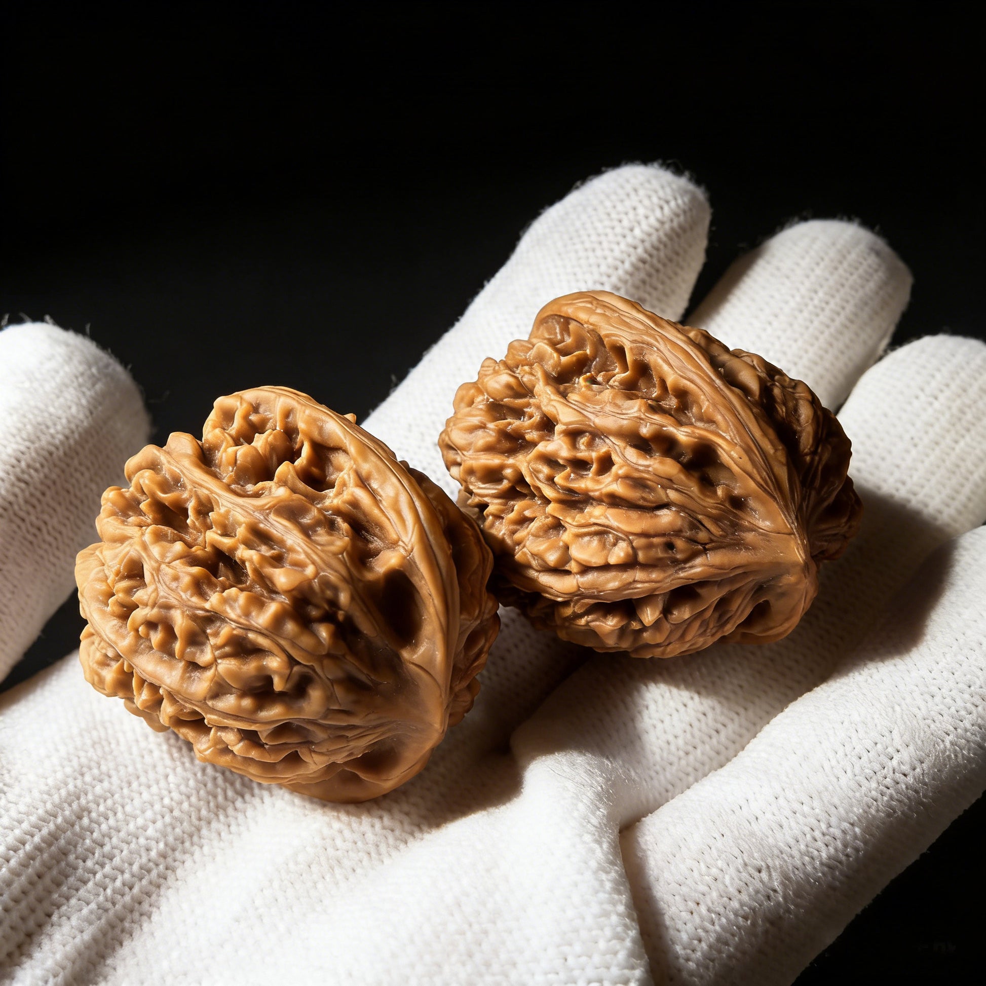 Walnut hand exercisers labeled "Caterpillar" by ThePatinaProject, 34mm diameter, showing textured walnut surface and ergonomic design.