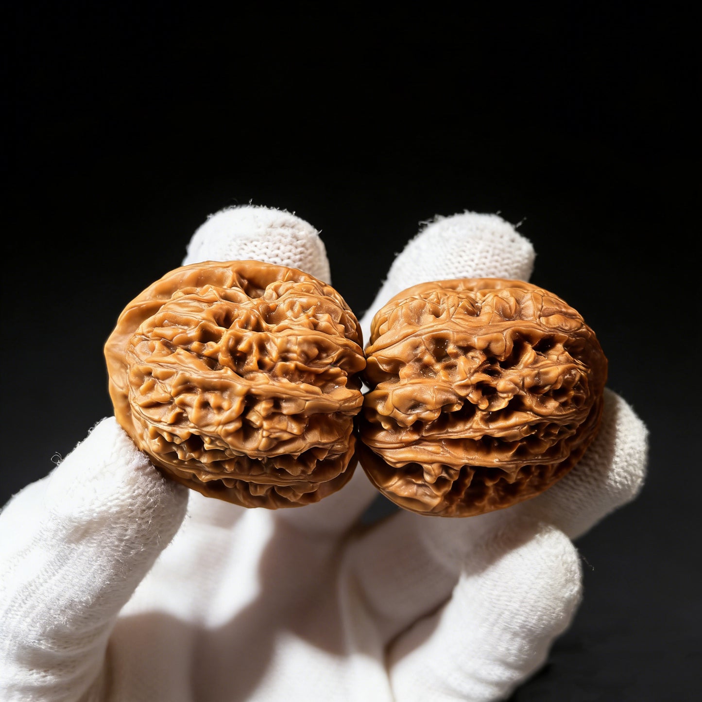 Walnut hand exercisers by ThePatinaProject, Caterpillar pair, 34mm, MMC-01, showing textured walnut surface and ergonomic design.