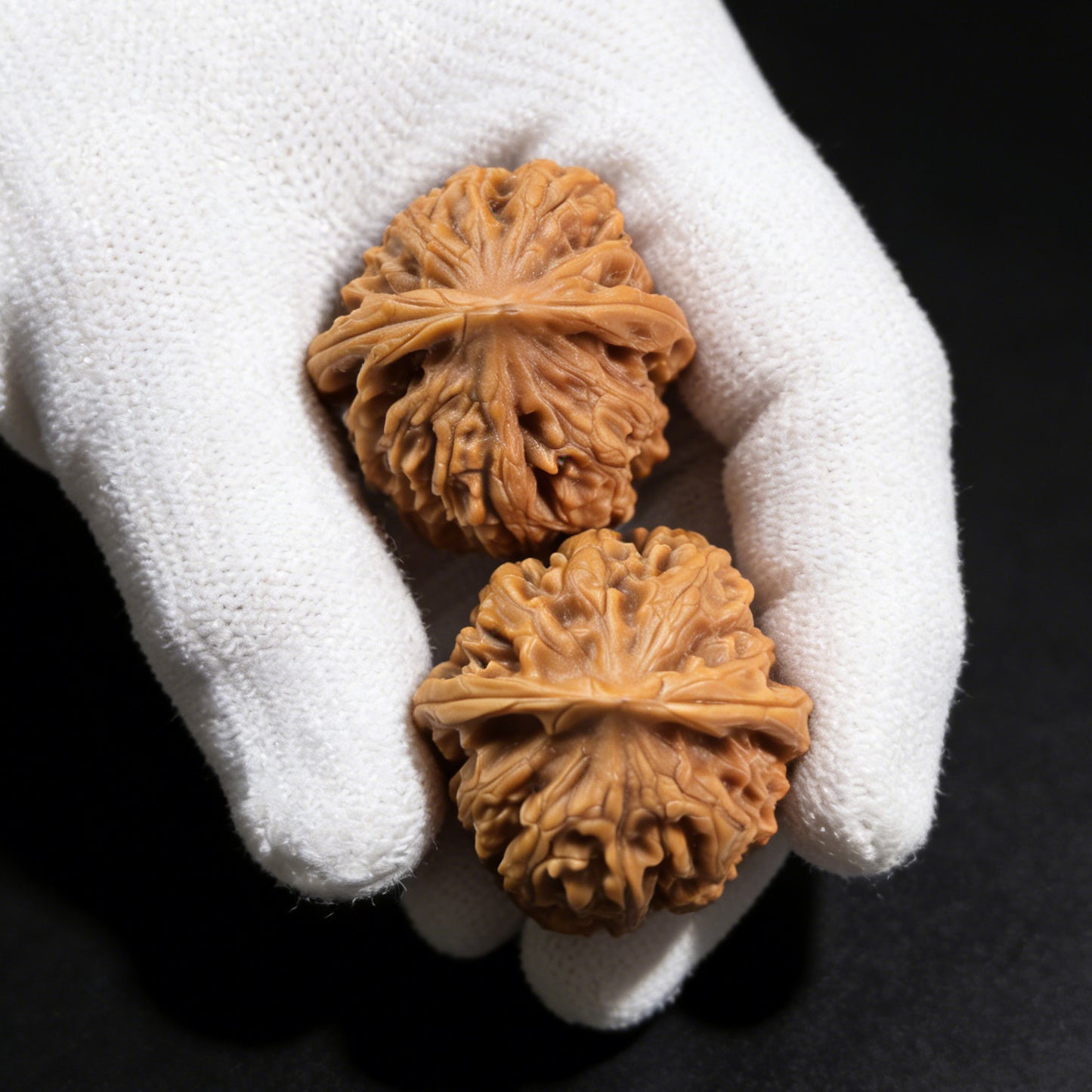 Walnut hand exerciser by ThePatinaProject, MMC-01 Caterpillar pair, 34mm diameter, showing textured walnut surface and ergonomic design.