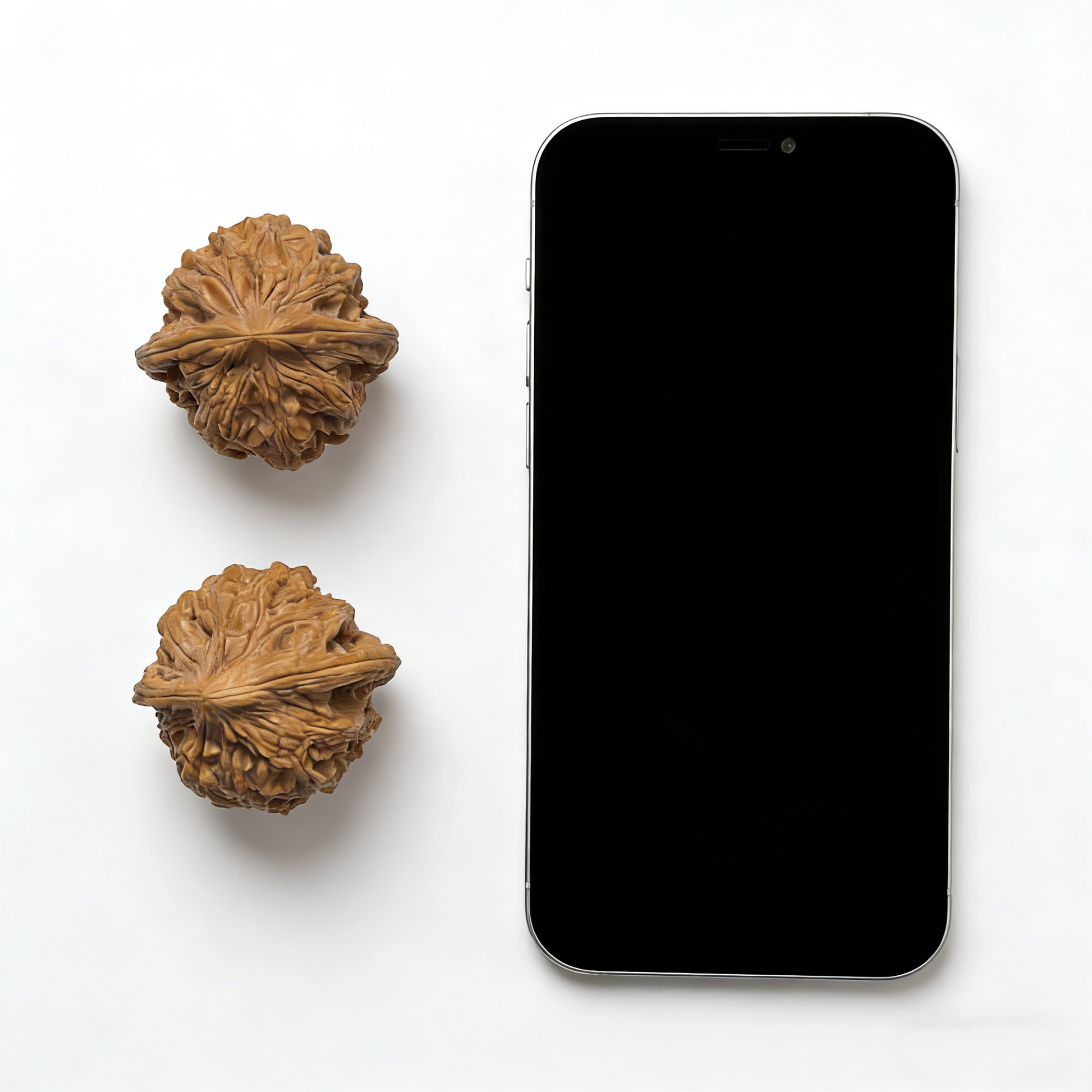Pair of Walnut "Da Gu Shi" large stone hand exercisers by ThePatinaProject, 41.1mm size, showing textured walnut surface and shape.