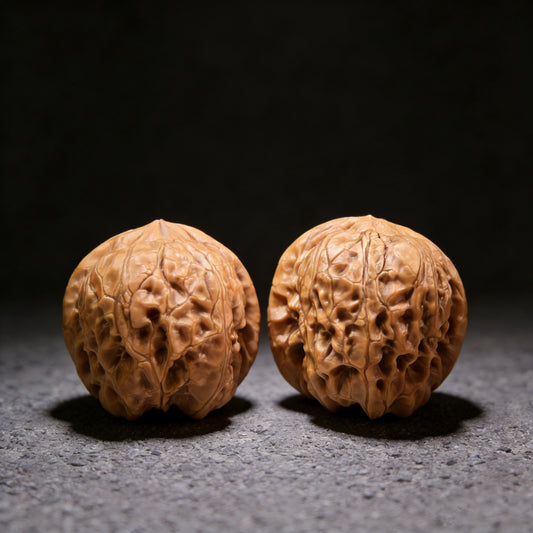 Walnut hand exerciser pair called Dharma (Damo), 35mm x 34mm, by ThePatinaProject, showing textured walnut surface and ergonomic shape.