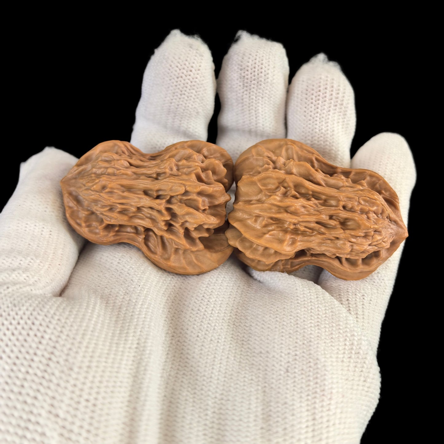 Pair of Walnut Hand Exercisers, Double Gourd Hulu, 29mm size, from ThePatinaProject, showing textured walnut surfaces for grip and exercise