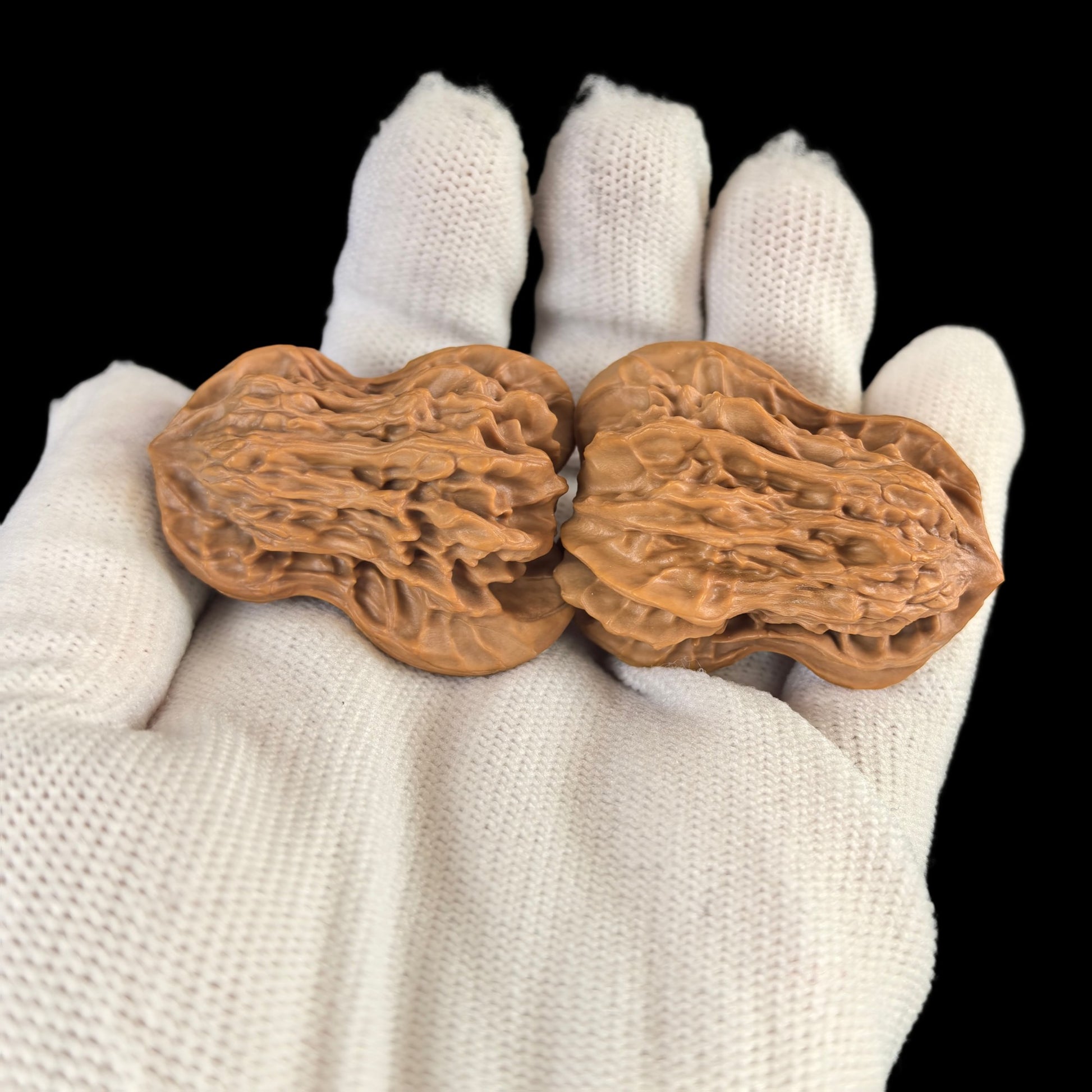 Pair of Walnut Hand Exercisers, Double Gourd Hulu, 29mm size, from ThePatinaProject, showing textured walnut surfaces for grip and exercise