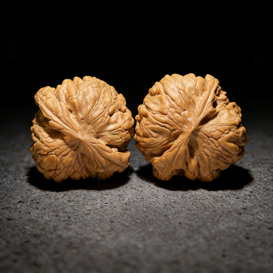 Walnut hand exercisers featuring Dragon Cauldron design by ThePatinaProject, boutique grade, 53mm x 52mm, LD-1001C.