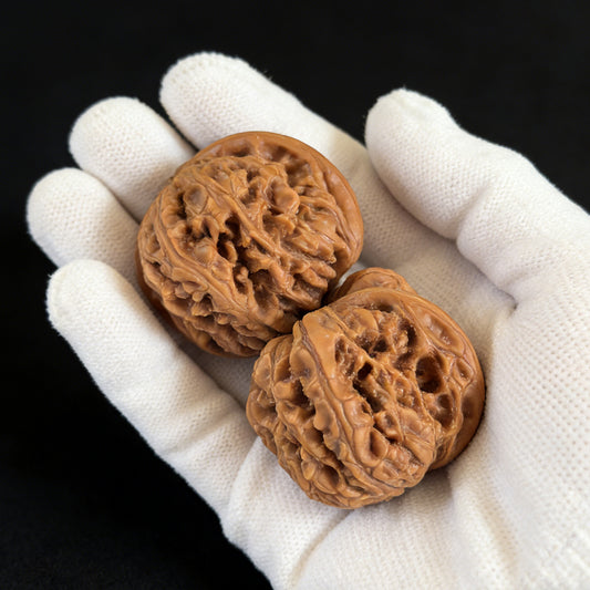 Pair of Walnut Hand Exercisers from ThePatinaProject, Dragon Cave Valley LDY-01, 39mm x 37mm, natural wood finish.