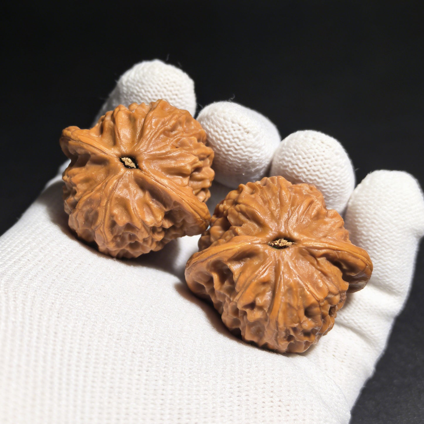 Walnut hand exercisers set "Dragon Gall" (Long Dan) pair by ThePatinaProject, 35mm x 34mm, featuring detailed carved dragon design.