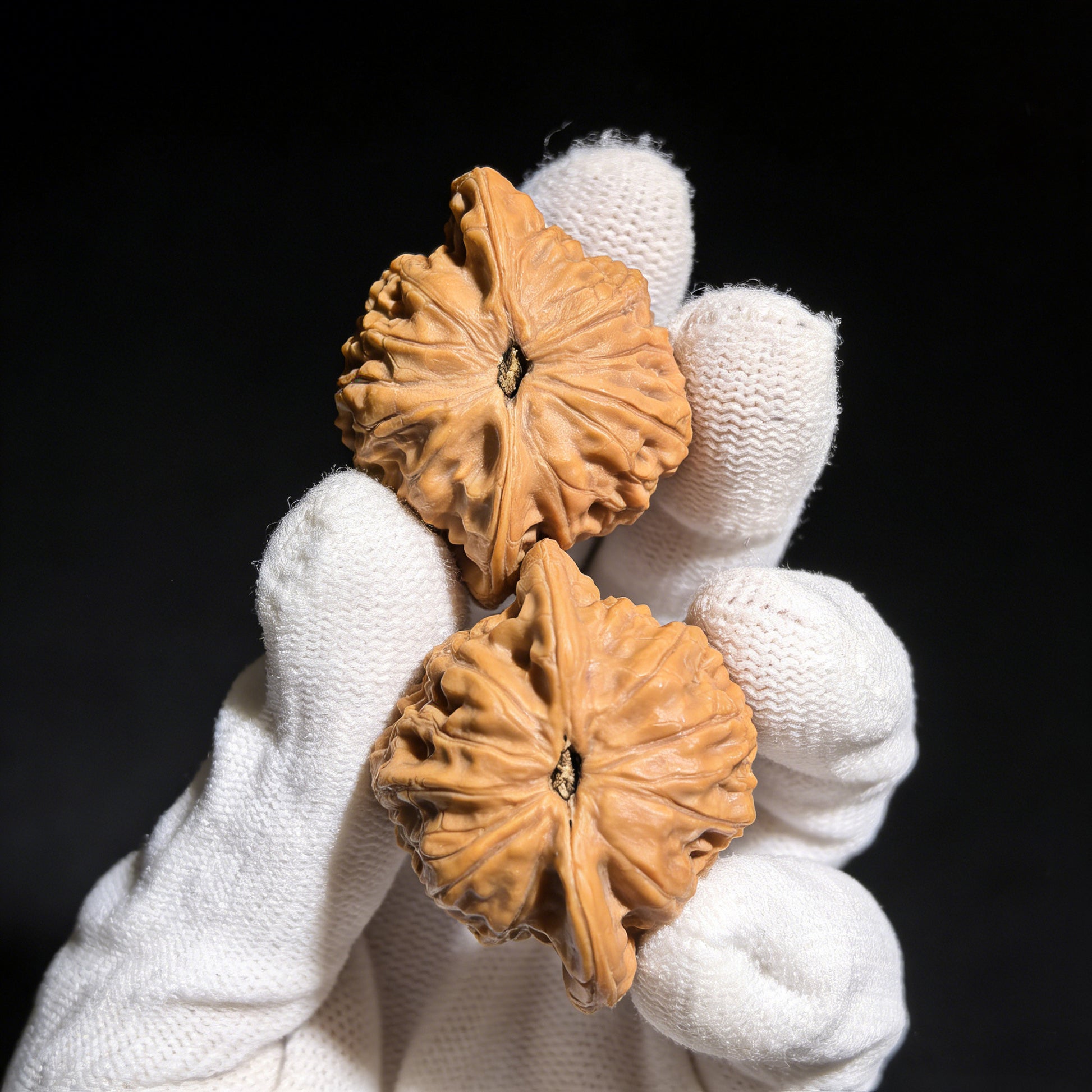 Walnut hand exerciser pair labeled GZM-01 from ThePatinaProject, 37mm diameter, showing textured walnut wood surface for grip and use.