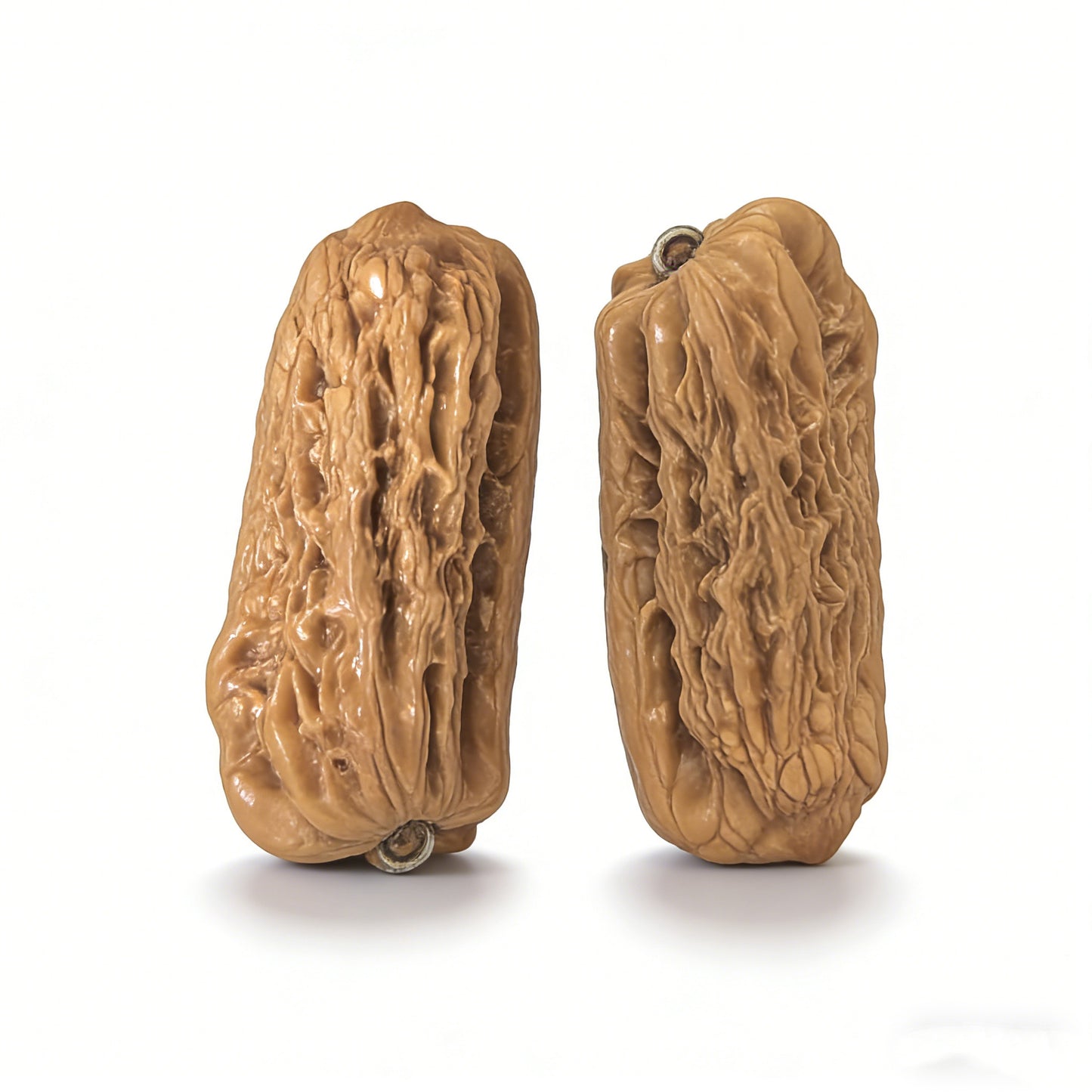 Walnut hand exerciser with gold bar pendant set, elongated double pendant 25mm x 23mm, ThePatinaProject jewelry.