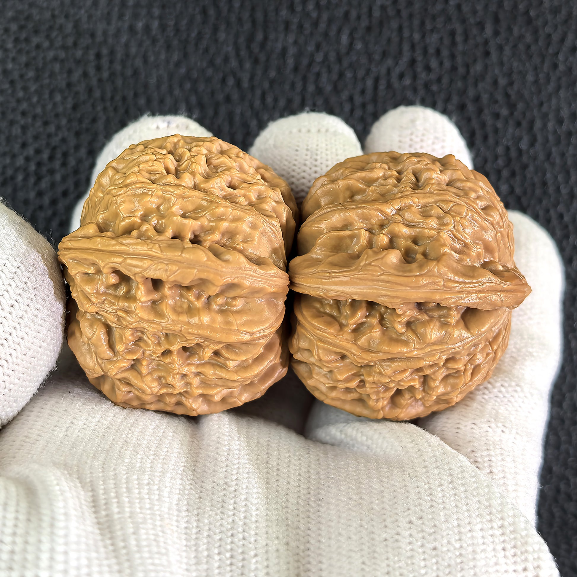 Walnut hand exercisers with white lion design, ThePatinaProject Hidden Tip White Lion pair, 39mm x 37mm, BSJ-406, detailed craftsmanship