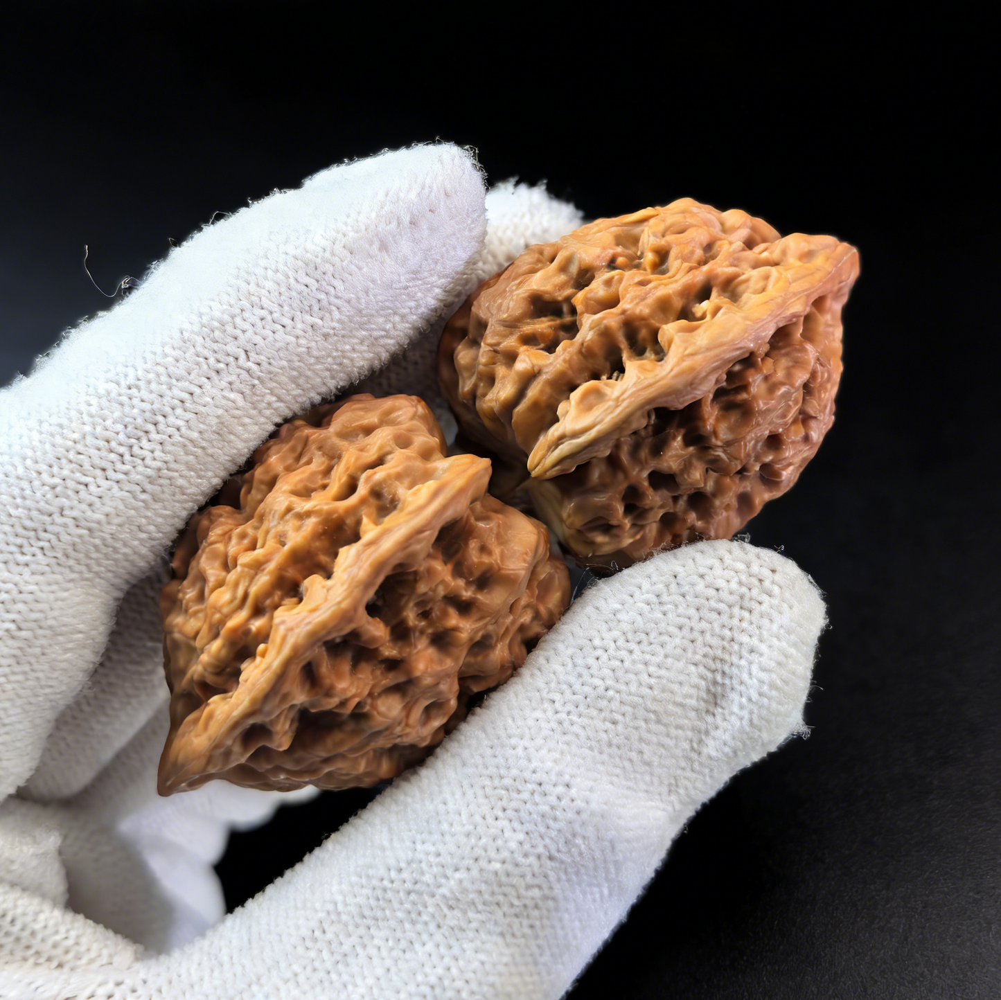 Pair of walnut hand exercisers from ThePatinaProject featuring the Imperial Micro-Guanmao official’s hat design, 33mm rare collector’s gem