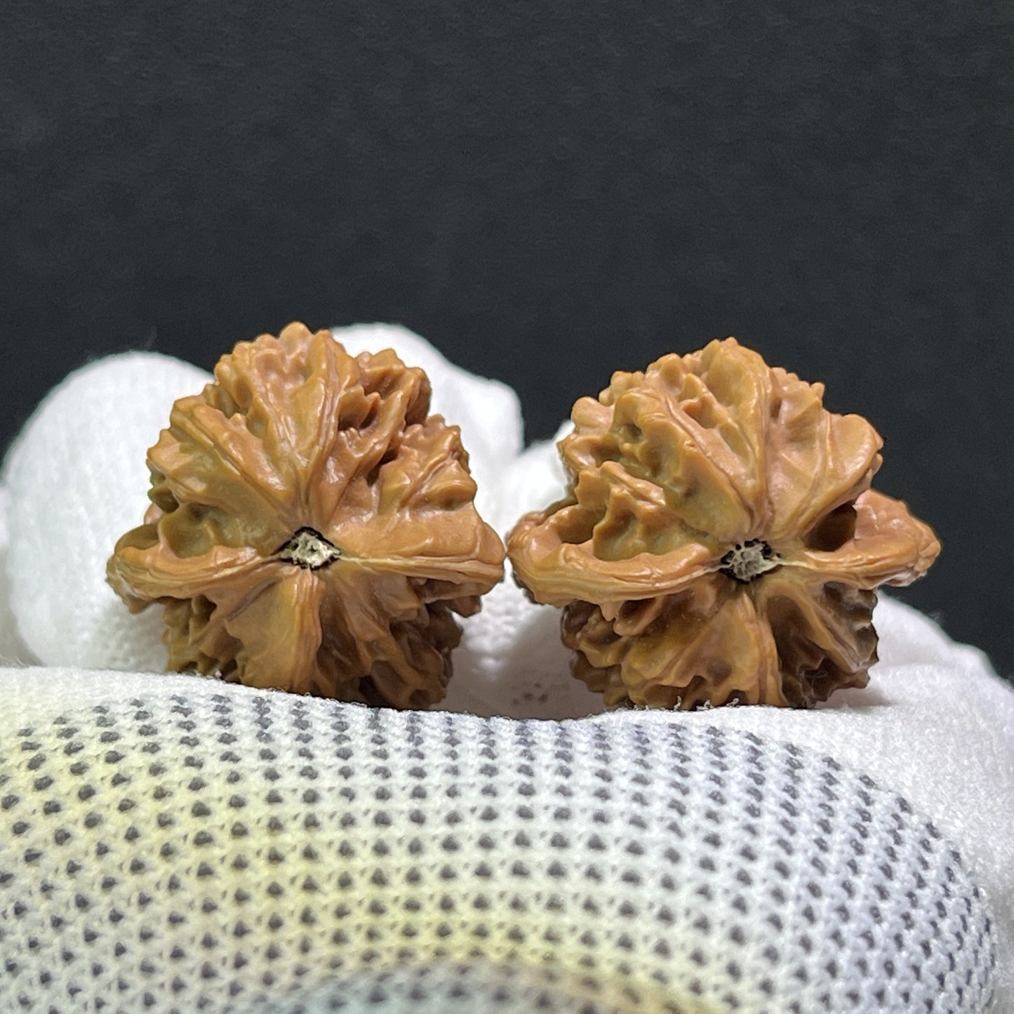 Pair of Walnut Hand Exercisers named Little Bird by ThePatinaProject, measuring 29mm, featuring a unique irregular design.