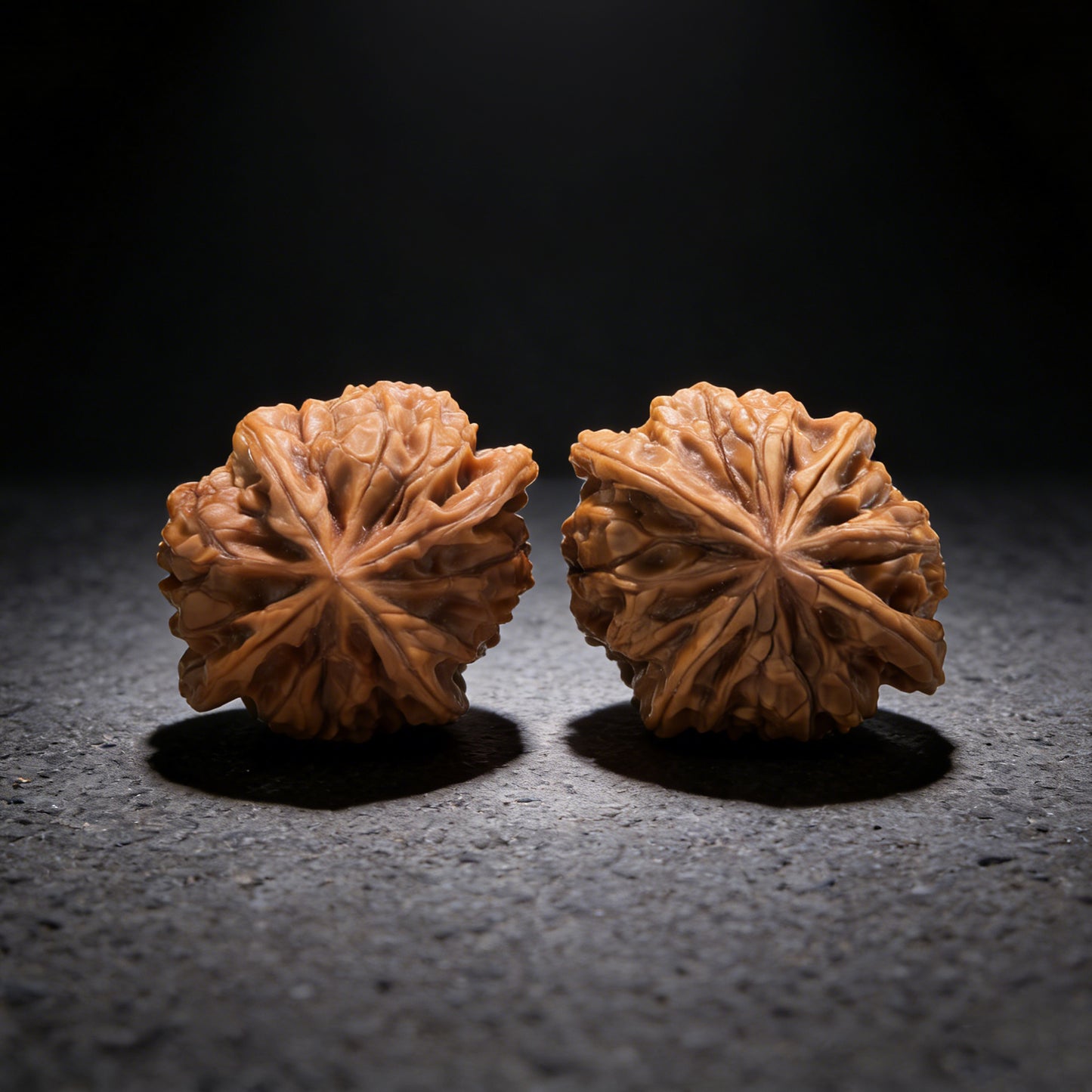 Walnut hand exercisers, Jade Seal Four-Ridge pair, collection grade, 43mm x 38mm, from ThePatinaProject, natural wood finish