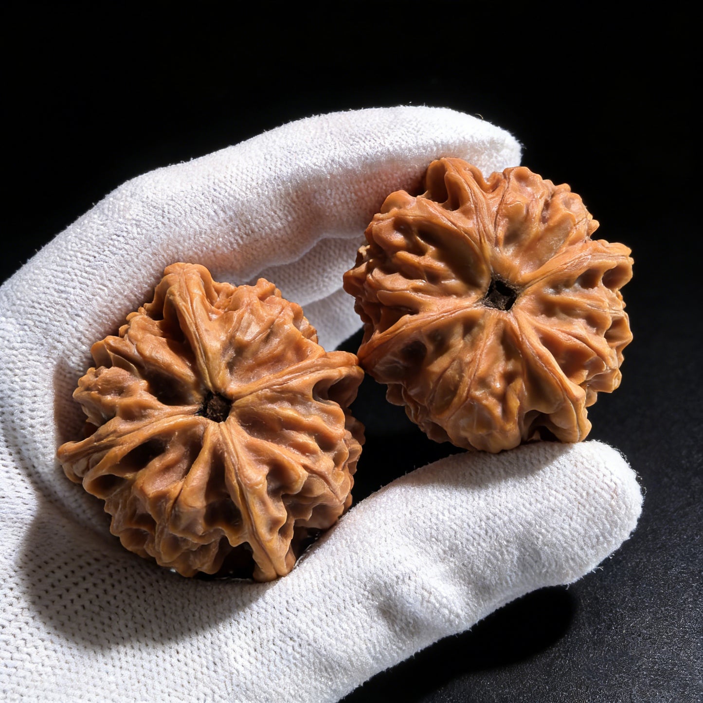 Pair of walnut hand exercisers with four ridges called Jade Seal, 43mm by 38mm, from ThePatinaProject's Collection Grade.