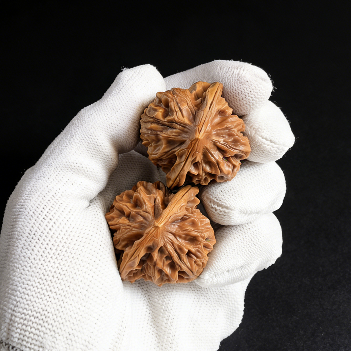 Pair of walnut hand exercisers shaped like lion heads with majestic imperial details, 36mm size, from ThePatinaProject.