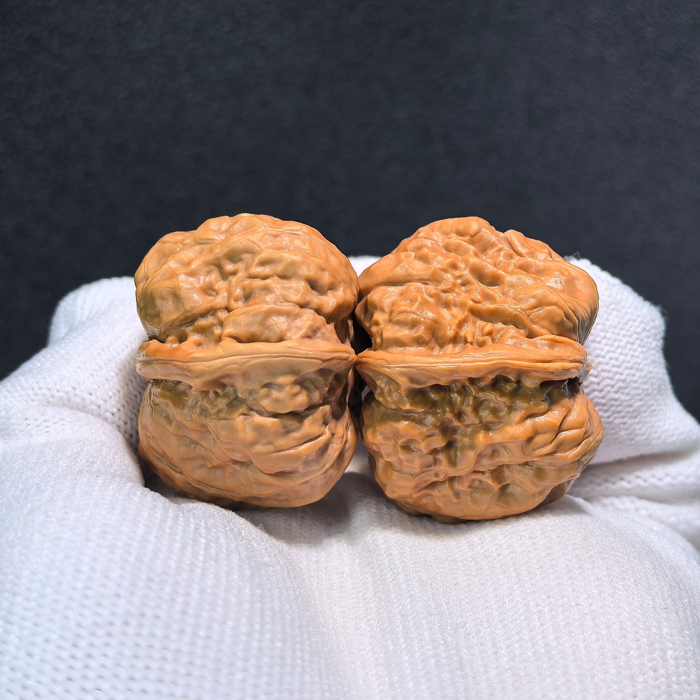 Pair of Walnut Hand Exercisers shaped like Jade Toad Crystal Frogs, 32mm x 35mm, from ThePatinaProject.