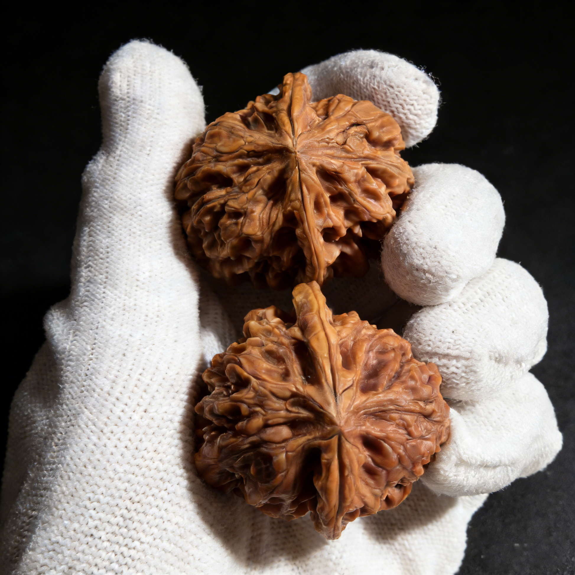 Pair of walnut hand exercisers from ThePatinaProject, Nine Dragons Valley Jiu Long Yu, 39mm diameter, JLY-01 model.