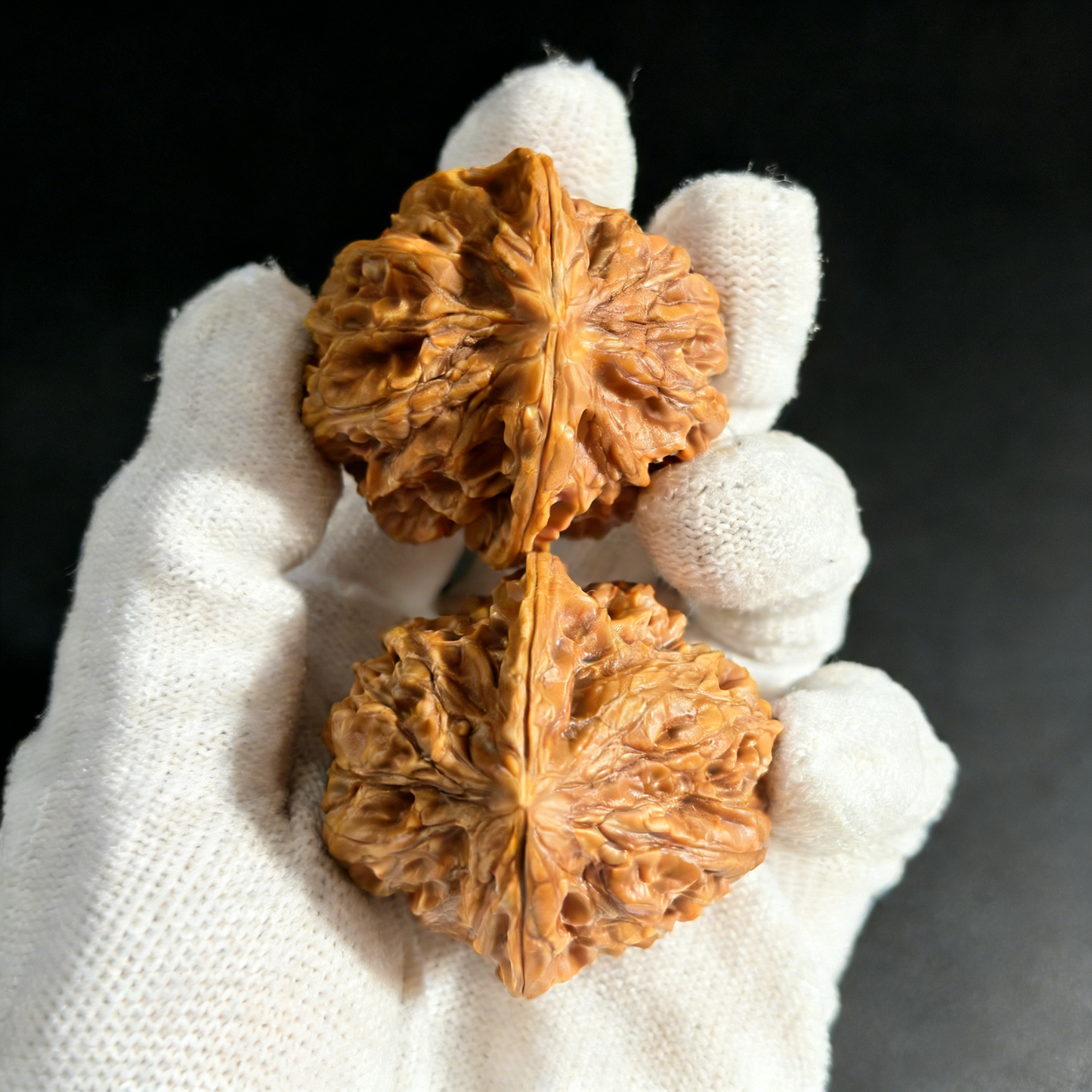 Walnut hand exercisers pair, 40mm Jiu Long Yu Nine Dragons Valley design by ThePatinaProject, textured wooden grip for hand strength.