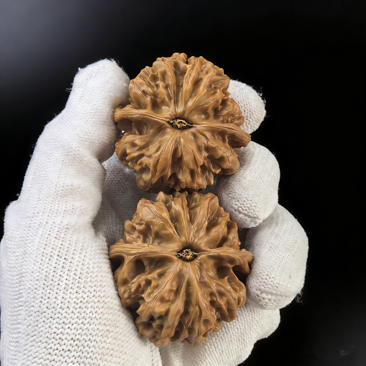 Pair of Jiu Long Yu walnut hand exercisers by ThePatinaProject, 40mm size, featuring carved dragon designs for hand strengthening.