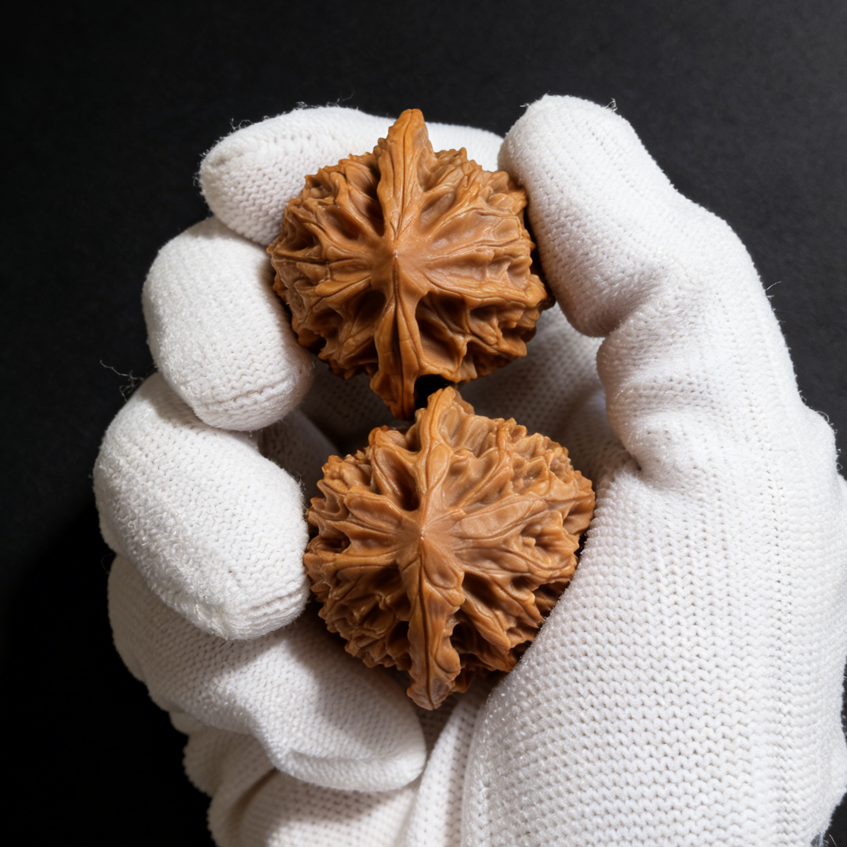 Walnut hand exerciser with deep ribs and lion-head build, part of ThePatinaProject Lantern collector’s pair, 36mm diameter.