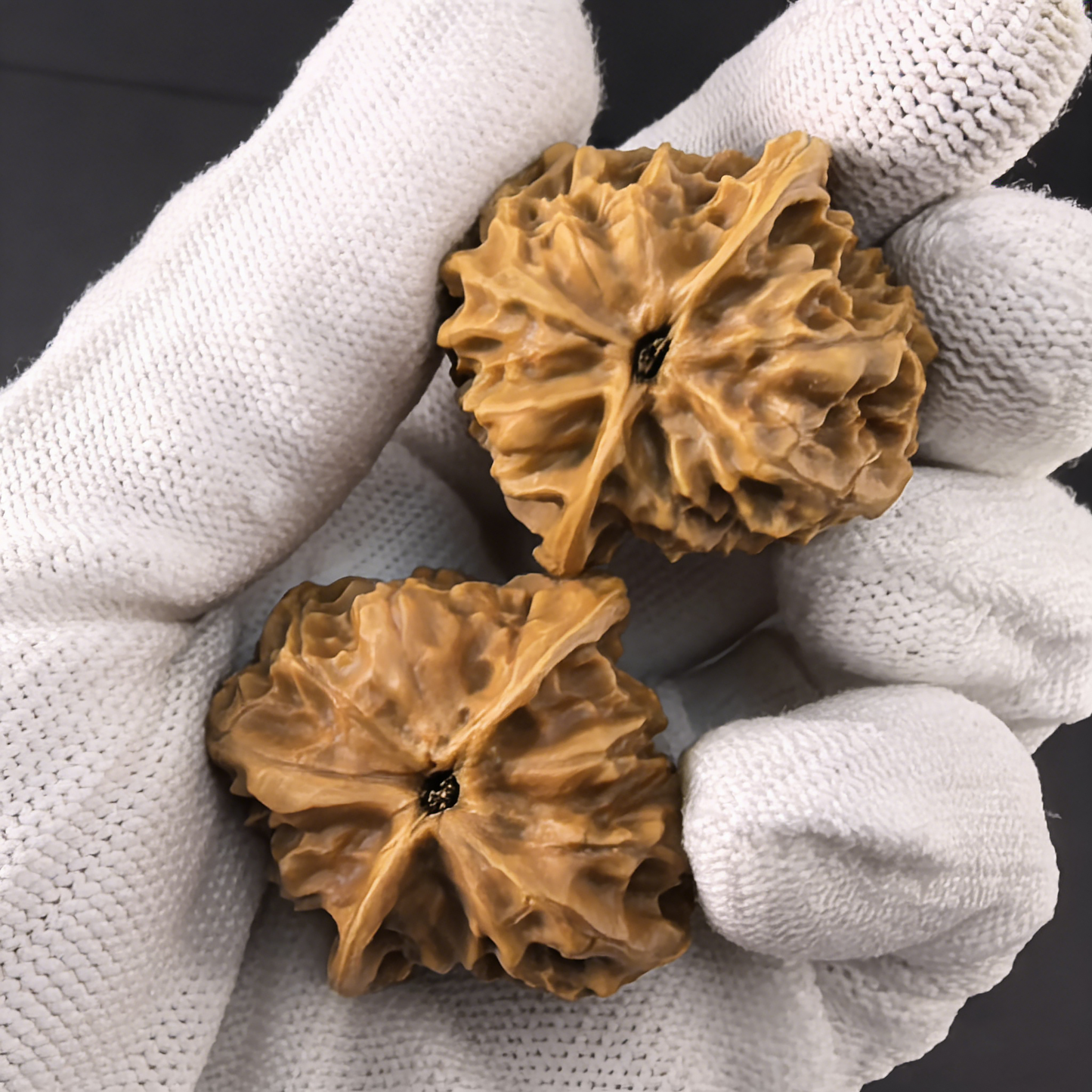 Walnut hand exerciser with miniature heart design, 33mm size, from ThePatinaProject's Ling Long Miniature Hearts pocket pair.