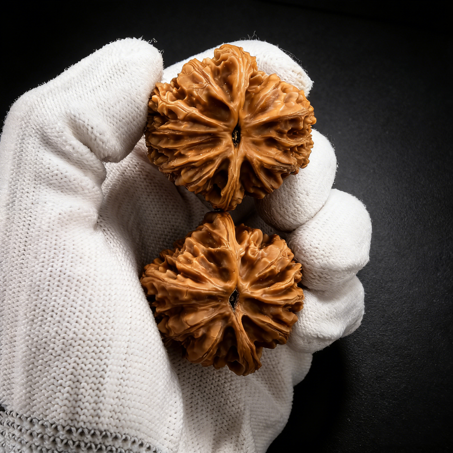 Walnut hand exercisers, Liu Xing Yu "Meteor Shower" 37mm deep ridge pair by ThePatinaProject, with textured ridges for grip.