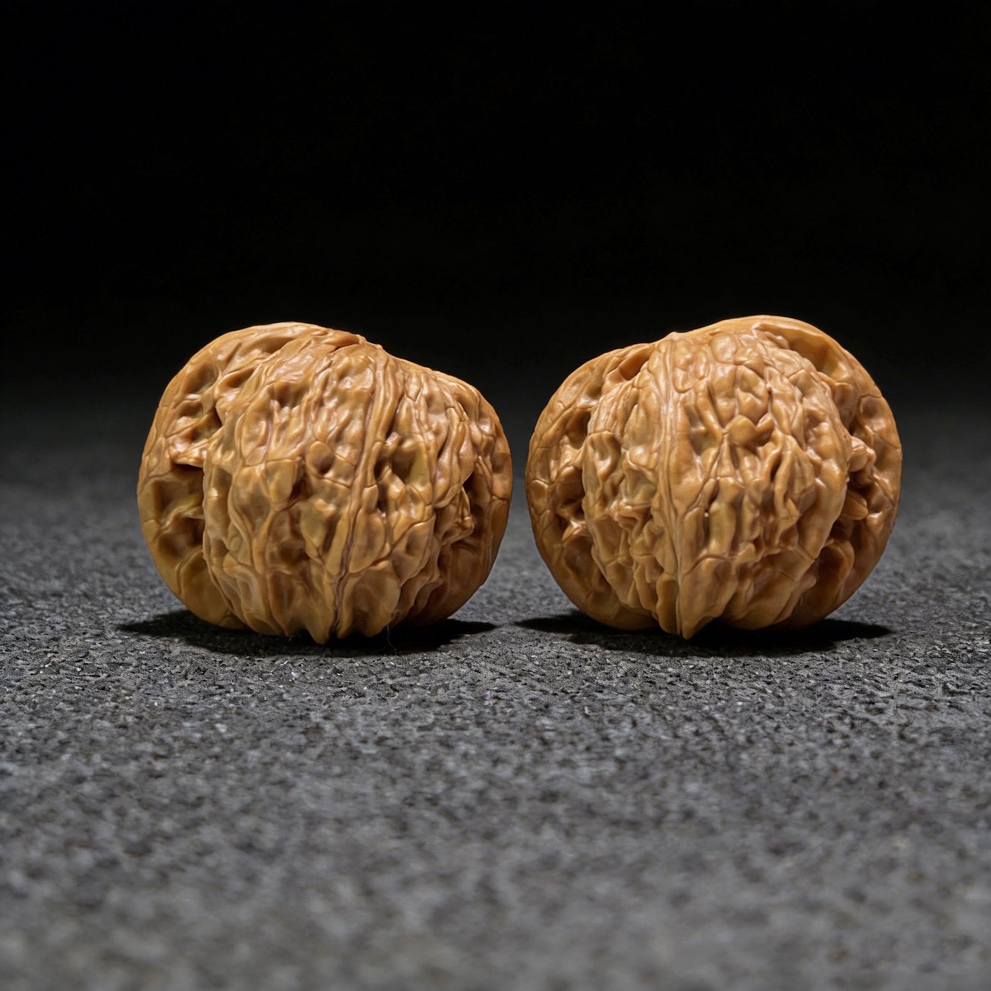 Pair of walnut hand exercisers named Millstone (Mo Pan), 40mm x 38mm, from ThePatinaProject, showing textured wood grips.