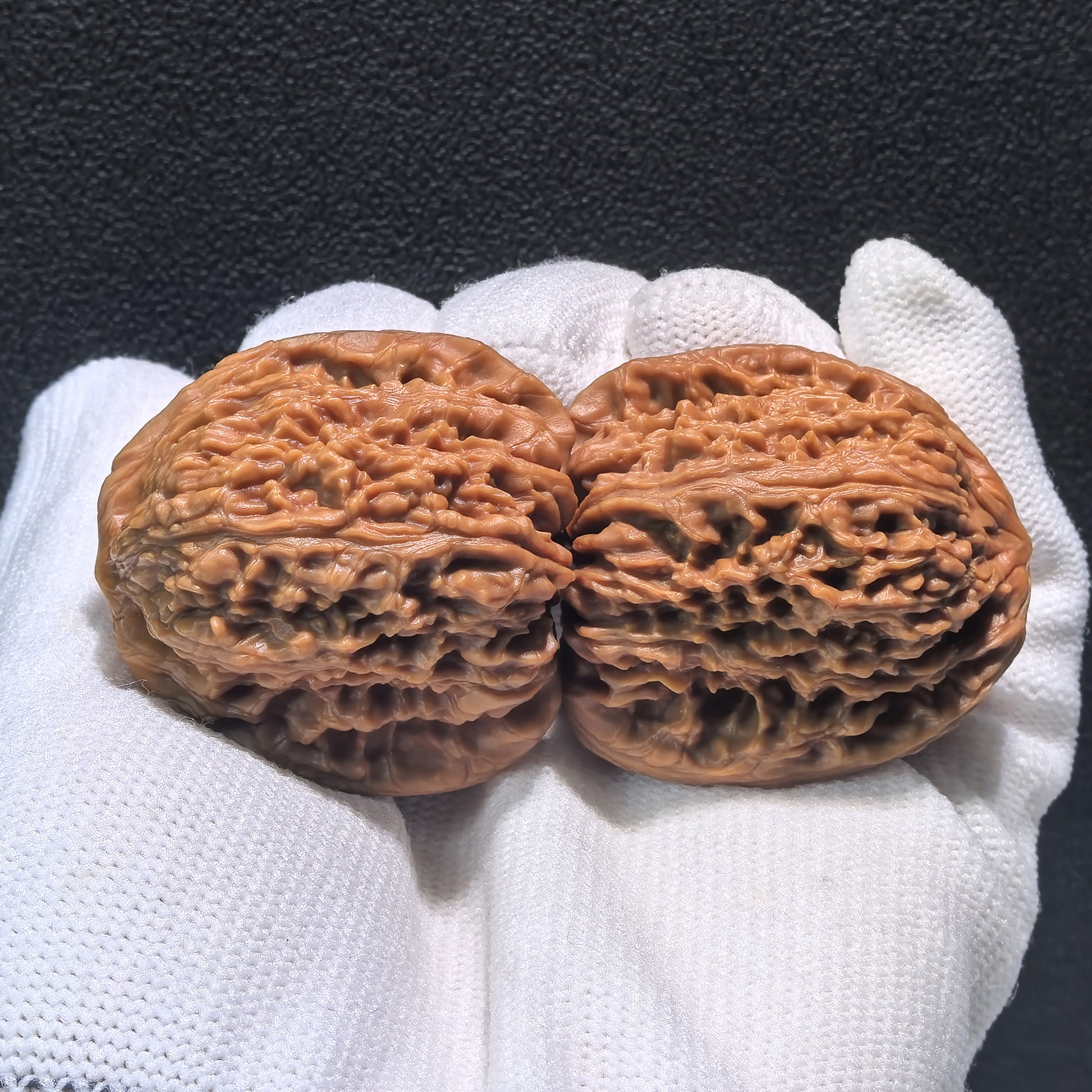 Pair of boutique grade Walnut Hand Exercisers from ThePatinaProject, measuring 39mm x 39mm x 38mm, NJS-402C model.