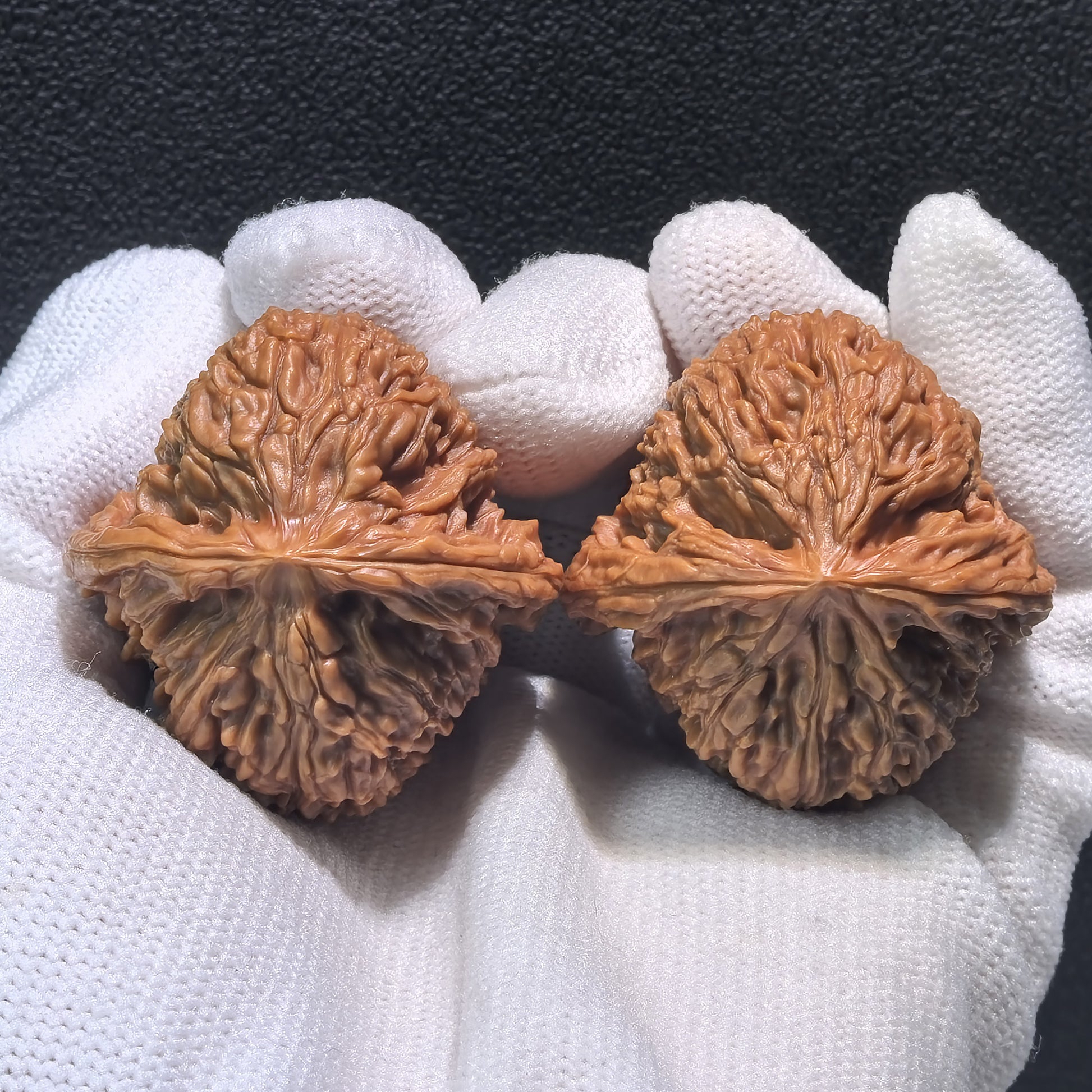 Boutique grade Nan Jiang Shi walnut hand exercisers, 39mm square, crafted by ThePatinaProject, shown in natural wood finish.