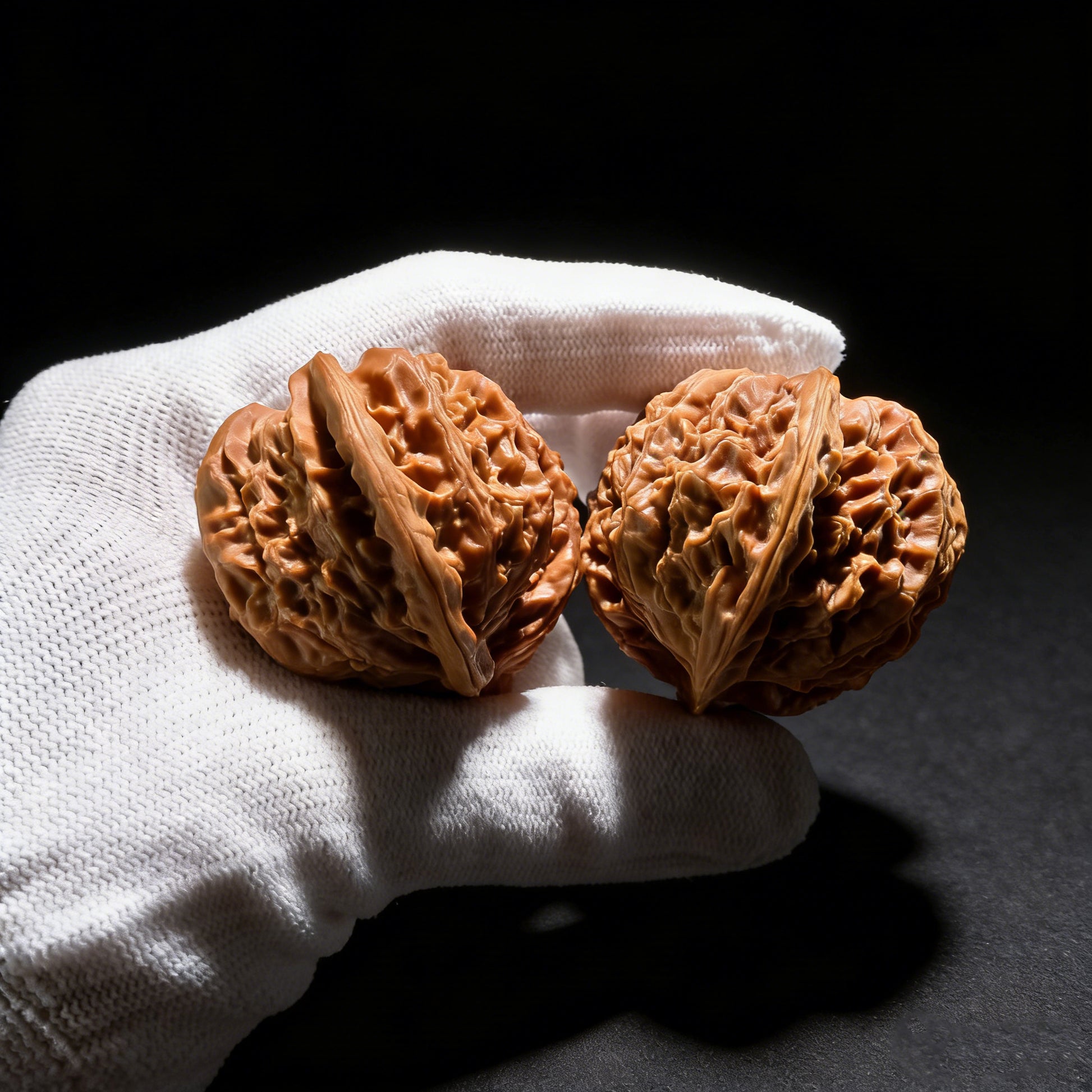 Walnut hand exercisers featuring conjoined twin design from ThePatinaProject, premium collection grade, measuring 54mm by 38.3mm.