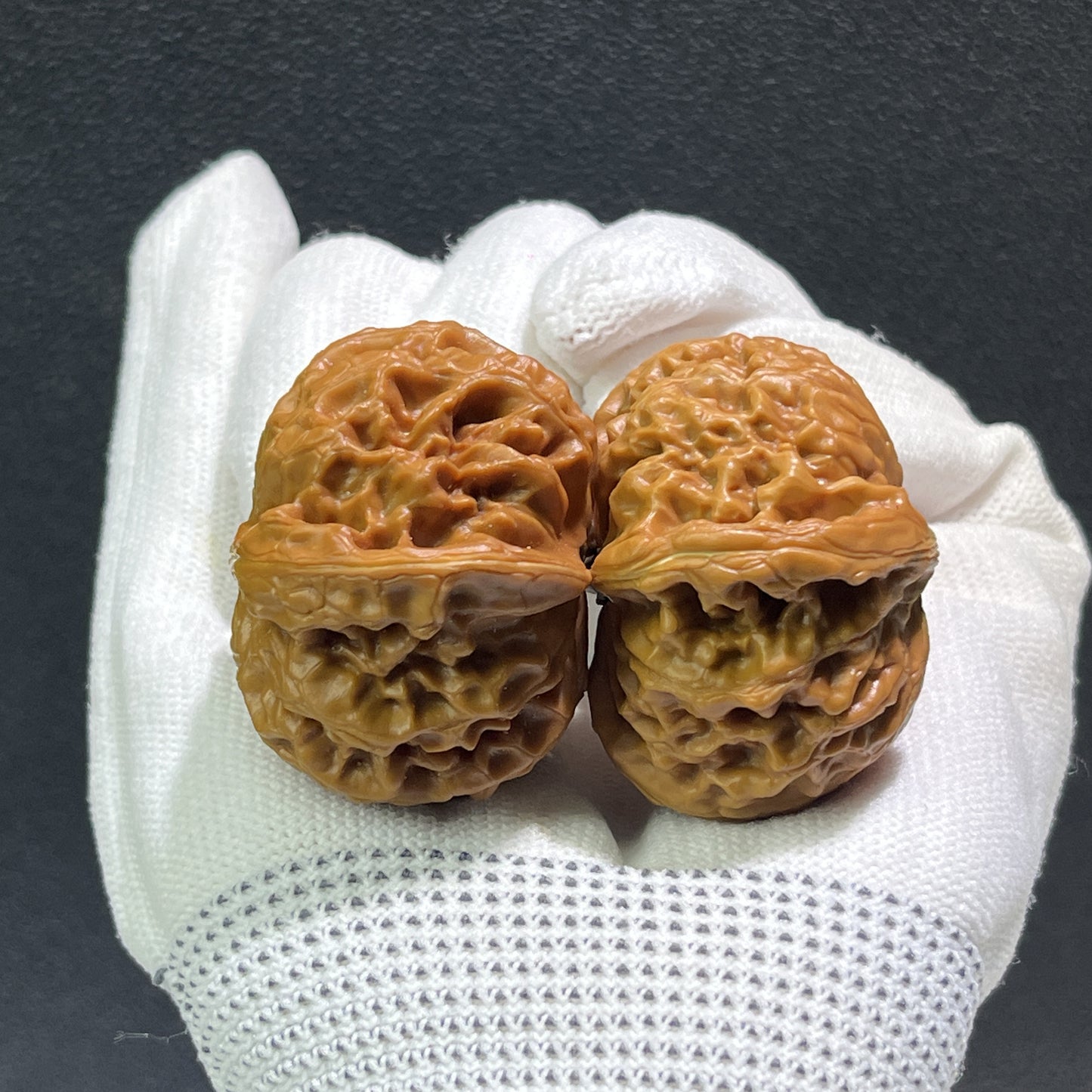 Pair of Walnut Hand Exercisers, Palace Lantern (Gong Deng) style, 44mm x 42mm, by ThePatinaProject, designed for hand strengthening.