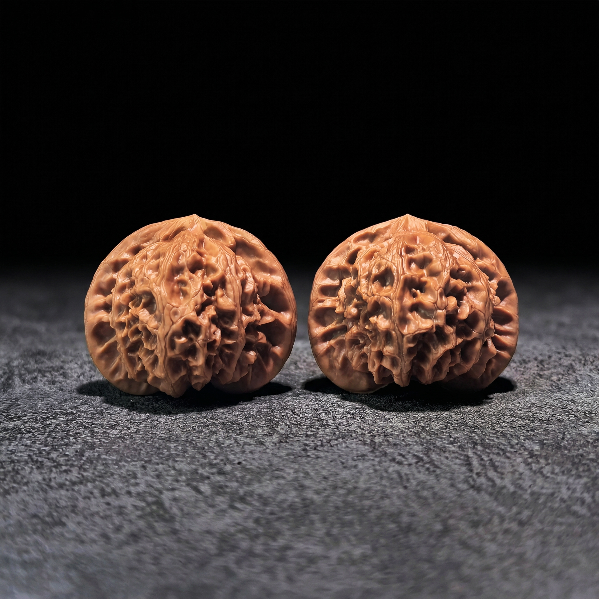 Pair of Walnut Hand Exercisers, Palace Lantern style, boutique grade, 43mm x 39mm x 37mm, by ThePatinaProject.