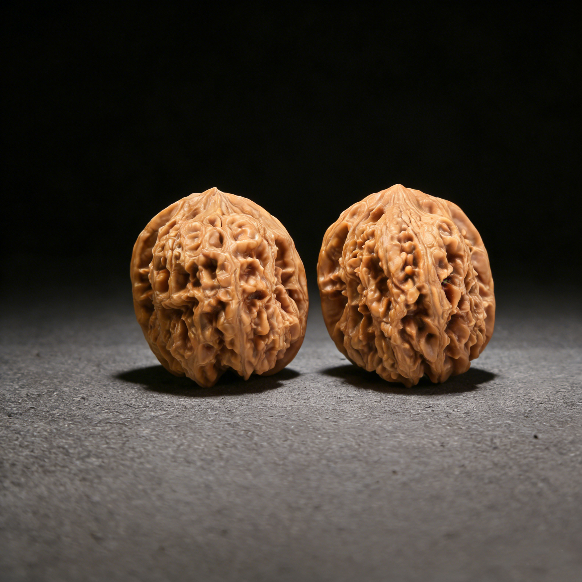 Pair of Pinggu Jin Zhong walnut hand exercisers by ThePatinaProject, 44mm size, showing textured wooden surfaces for hand grip.