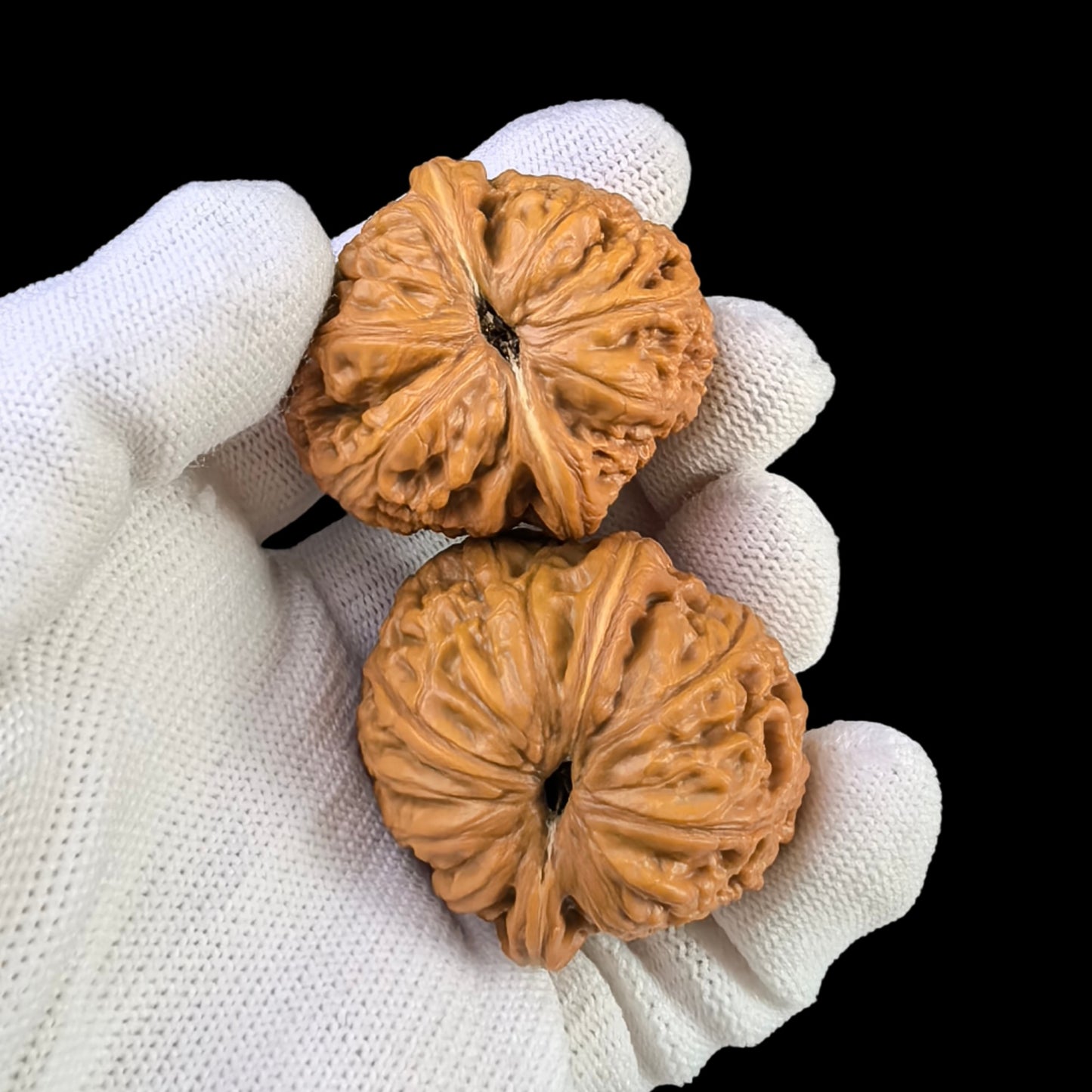Pair of Pinggu Yuanbao gold ingot walnut hand exercisers by ThePatinaProject, 40mm size, with detailed gold ingot design.