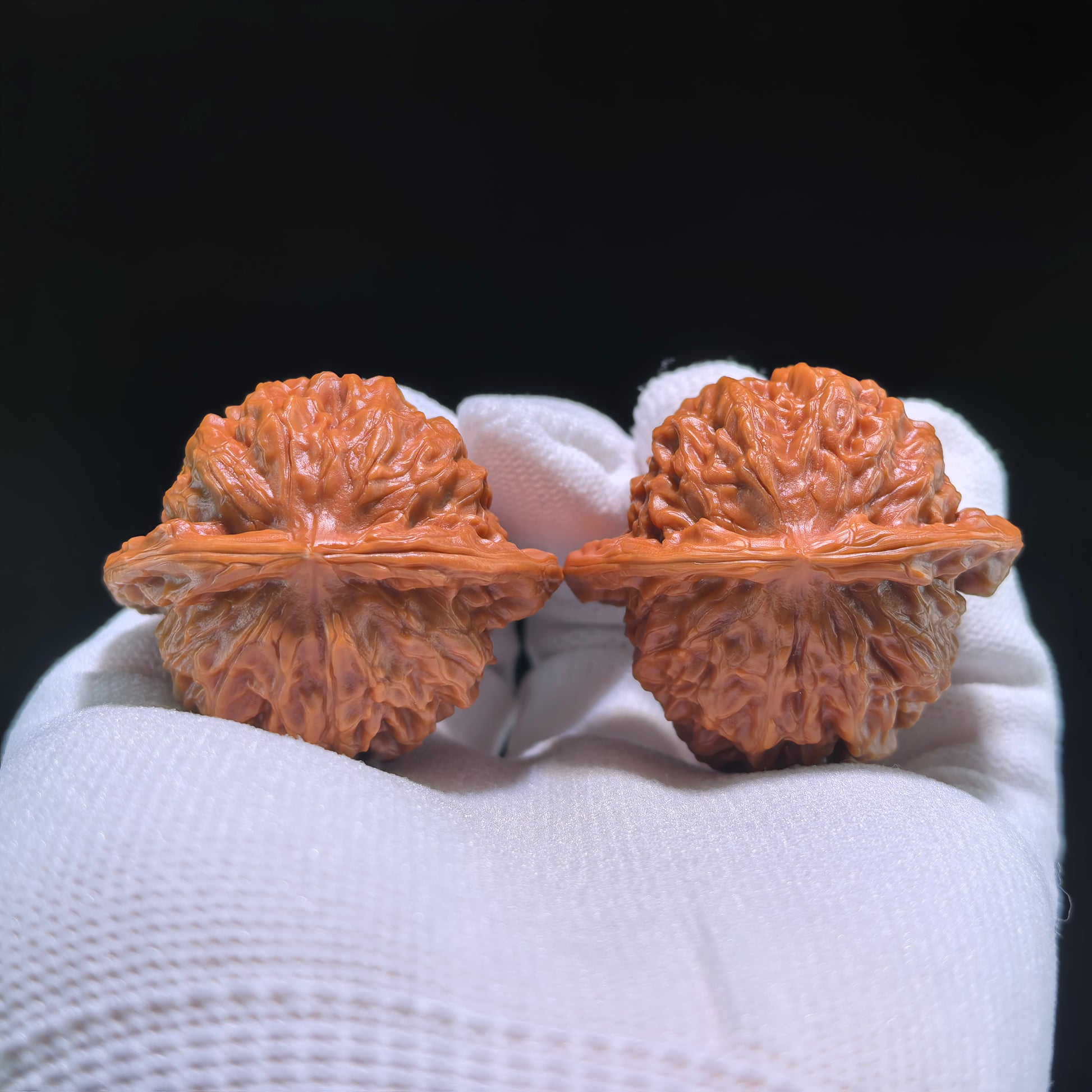 Pair of Walnut Hand Exercisers featuring The "Porcelain Doll" Official Seal, boutique grade, 41mm x 37mm, with intricate design details.