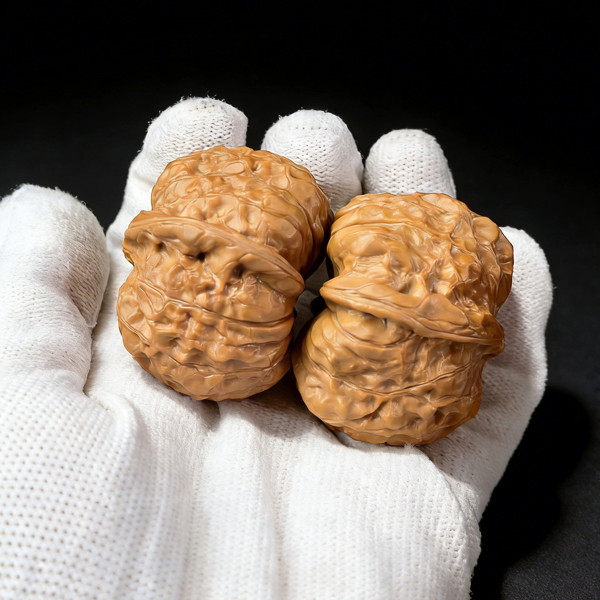 Walnut hand exerciser called Pumpkin Block by ThePatinaProject, 42mm x 44mm, showing textured surface and ergonomic design