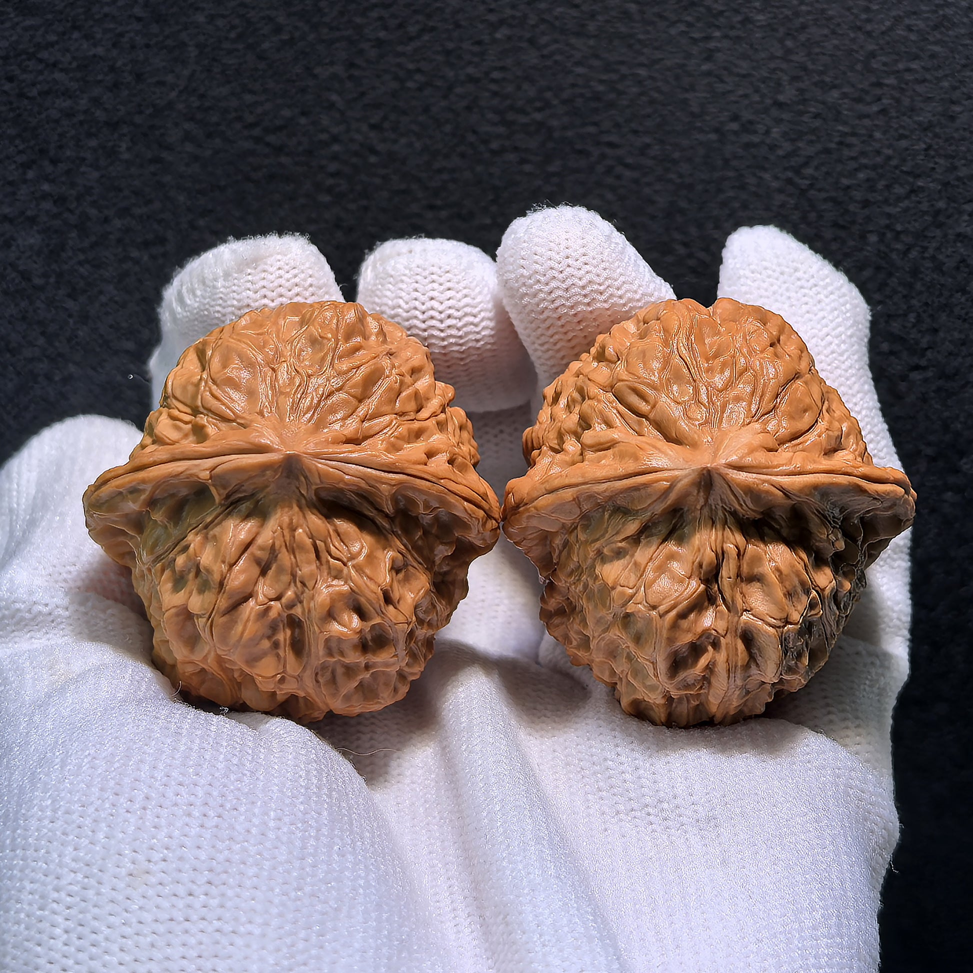 Walnut hand exercisers called Pumpkin Squat pair (Nan Gua Dun), 41mm x 43mm, designed for grip strength training, by ThePatinaProject.