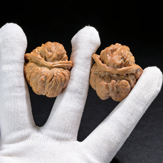 Pair of Walnut Hand Exercisers shaped like frogs and snakes, measuring 33x34x30mm, from ThePatinaProject's Rare Frog Snake collection.
