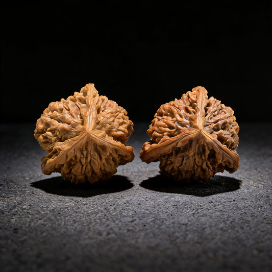 Walnut hand exercisers from ThePatinaProject, featuring the Rare "Official's Hat" Triangle Collector's Pair, 38mm x 38mm x 49mm.