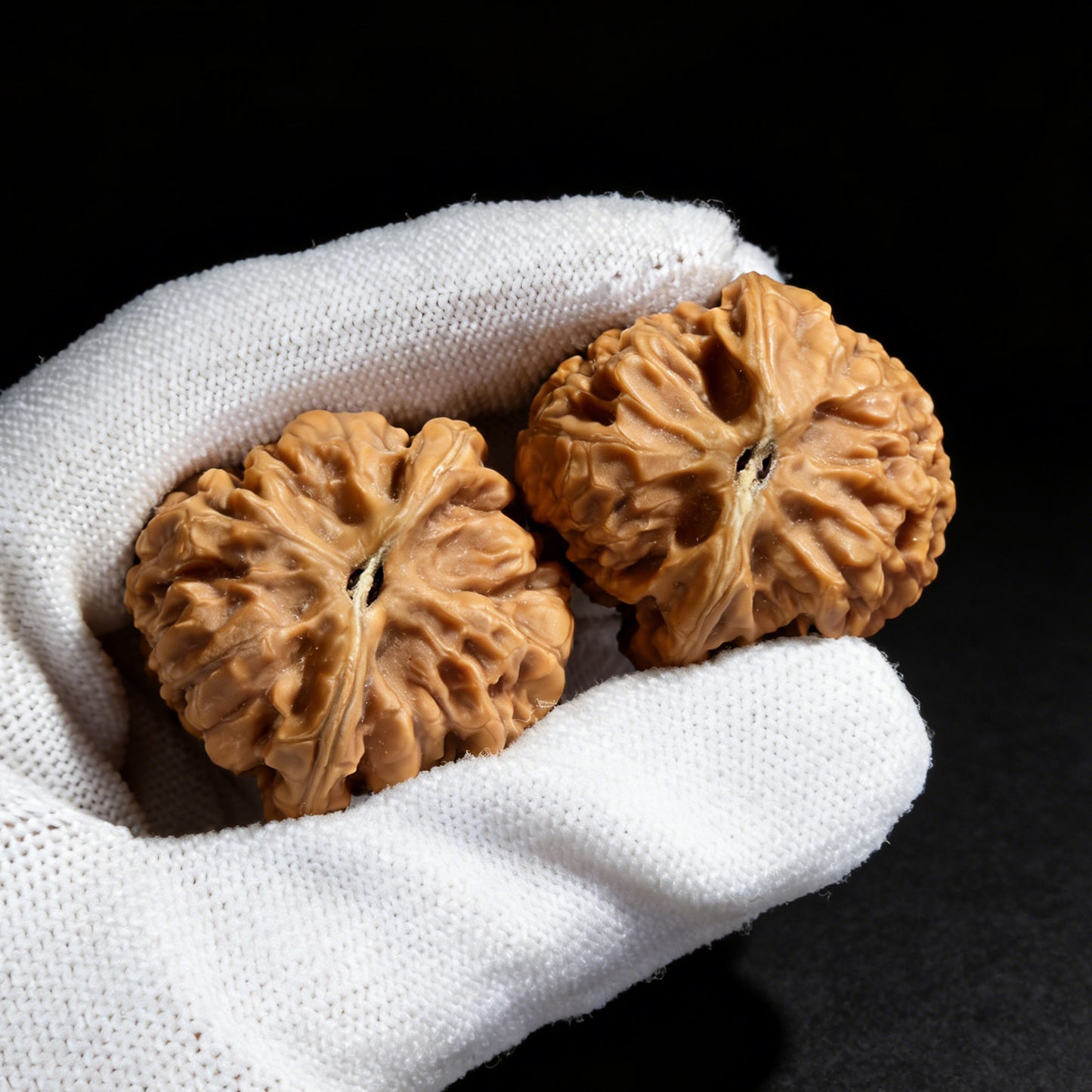 Pair of Walnut Hand Exercisers with red square seal design, 38mm x 43mm, from ThePatinaProject.
