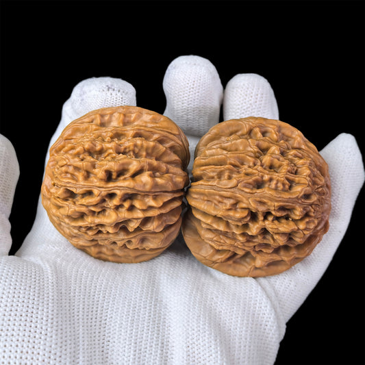 Pair of walnut lion head hand exercisers from ThePatinaProject, 45mm x 42mm, featuring detailed carved lion head designs.