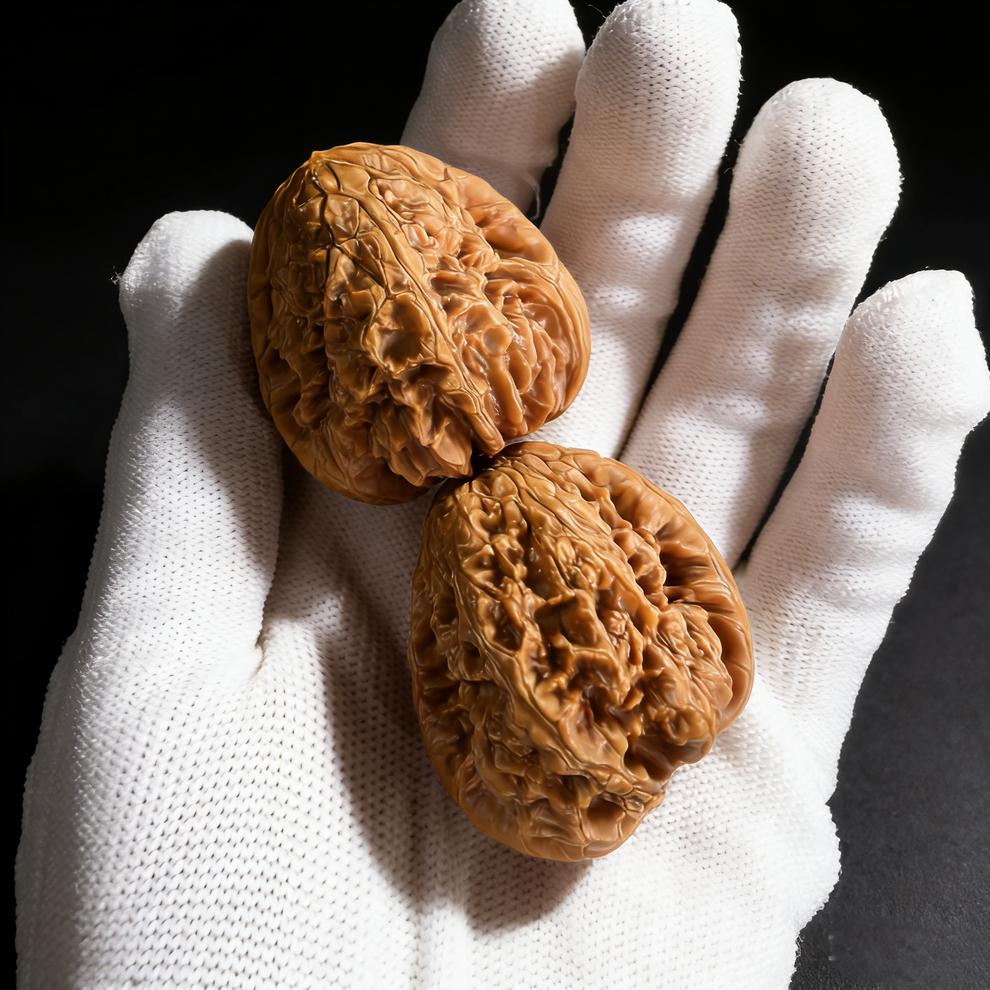 Walnut hand exercisers from ThePatinaProject featuring aggressive fractal texture, 38mm collector’s pair, called Snowstorm (Bao Xue).