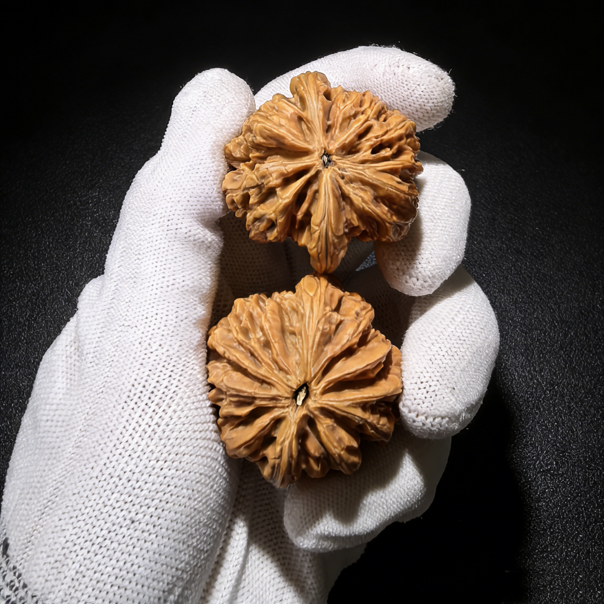 Pair of Walnut hand exercisers with aggressive fractal texture and "Snowstorm" design by ThePatinaProject, 38mm collector’s size.