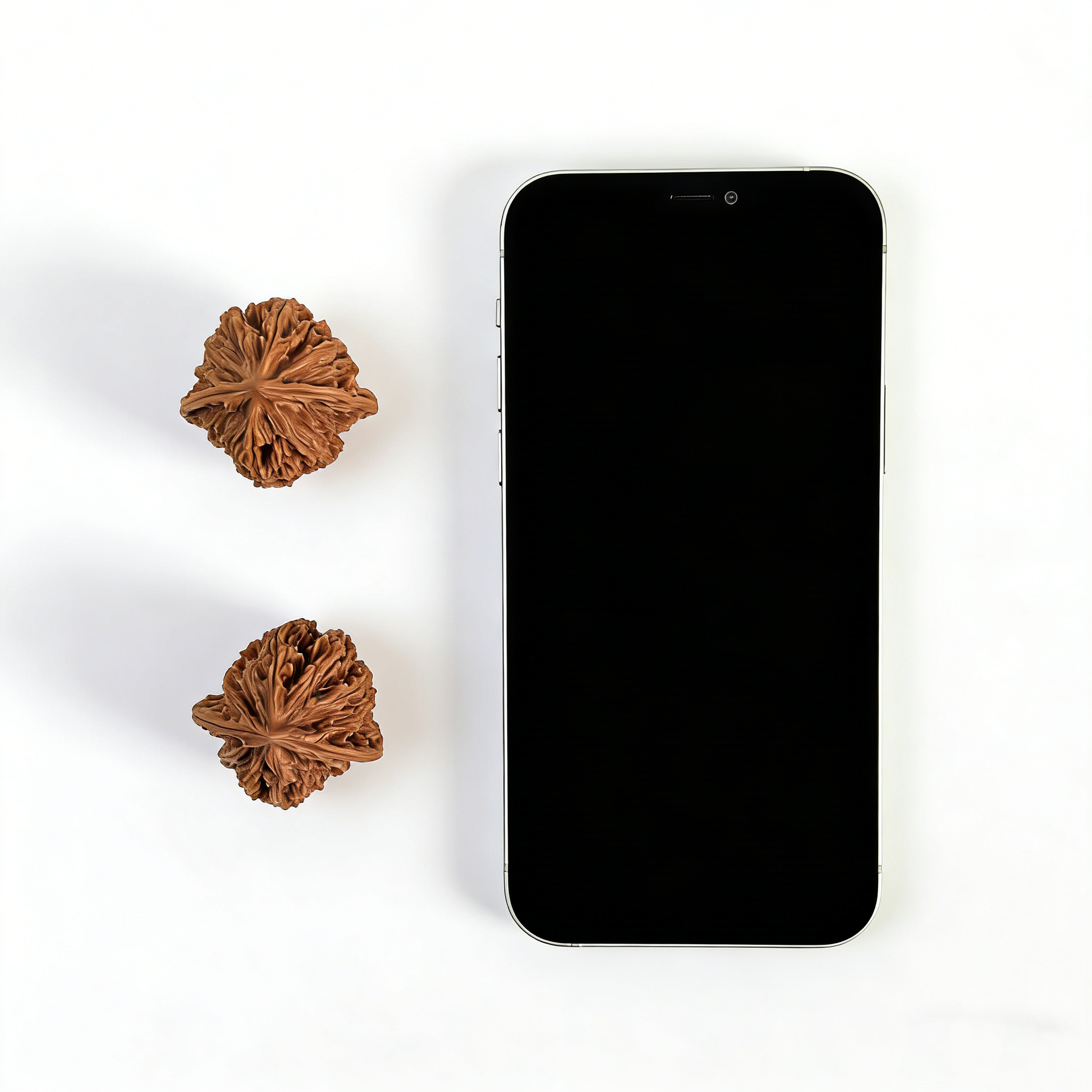 Pair of walnut hand exercisers with starry sky high-density stardust texture, 35mm collector’s size by ThePatinaProject.